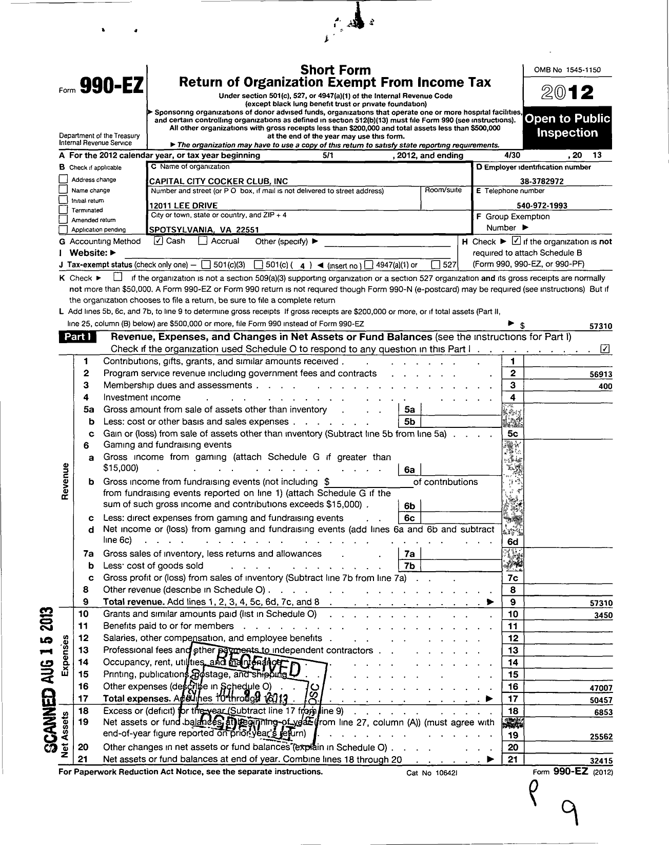 Image of first page of 2012 Form 990EO for Capital City Cocker Club