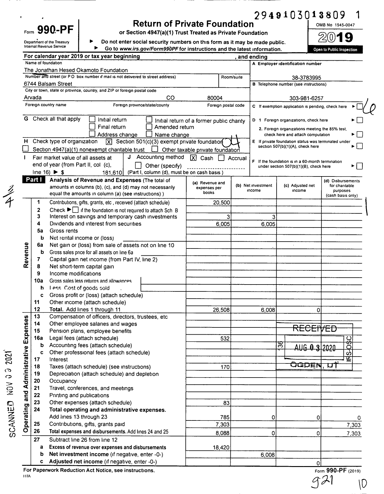 Image of first page of 2019 Form 990PF for The Jonathan Hesed Okamoto Foundation