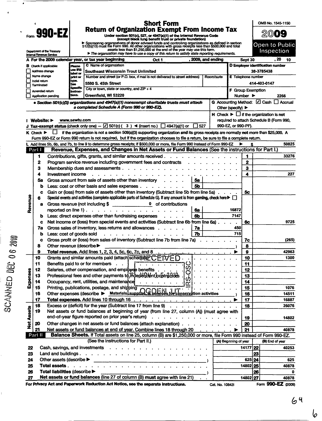 Image of first page of 2009 Form 990EZ for Trout Unlimited - 078 Southeastern Wisconsin