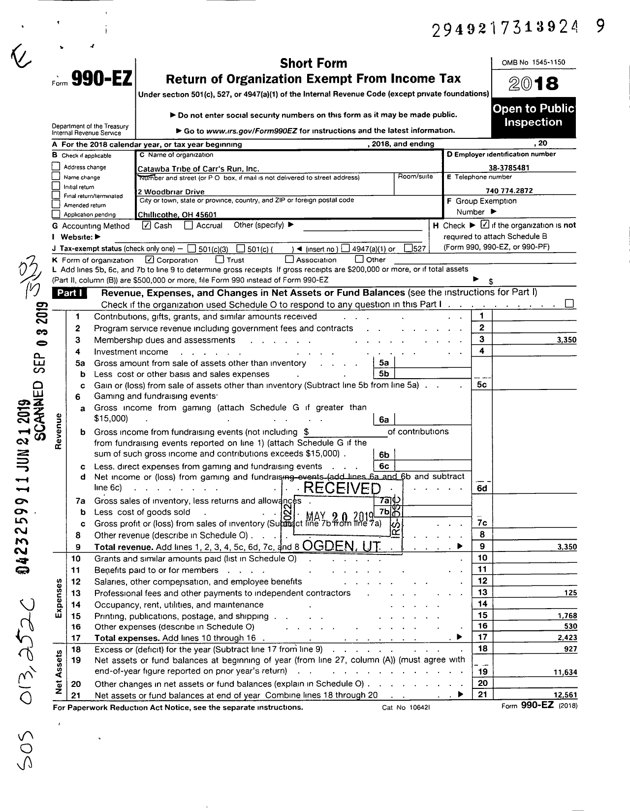 Image of first page of 2018 Form 990EZ for Catawbas Tribe of Carrs Run