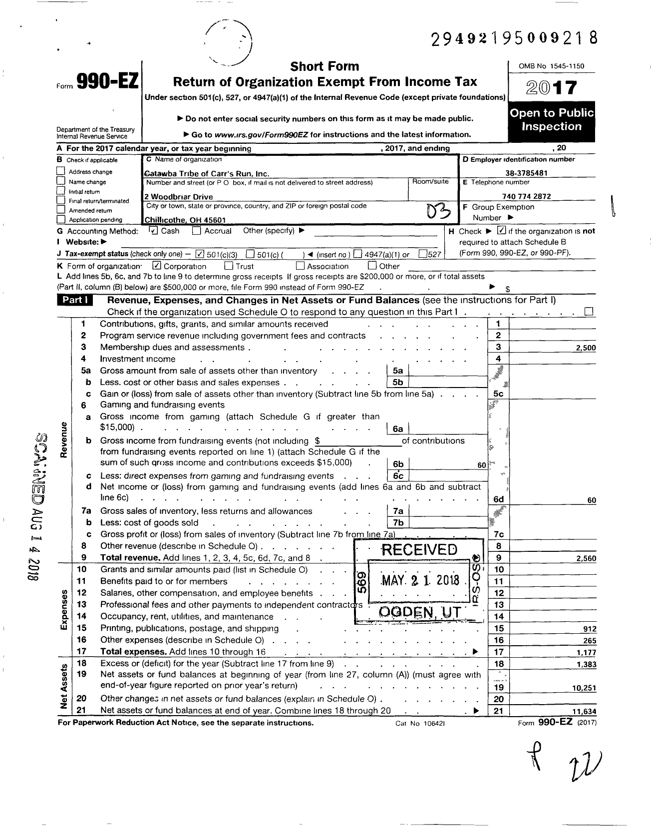 Image of first page of 2017 Form 990EZ for Catawbas Tribe of Carrs Run