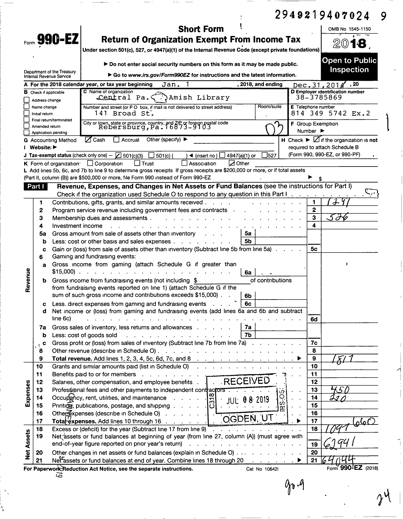 Image of first page of 2018 Form 990EZ for Central Pa Amish Library