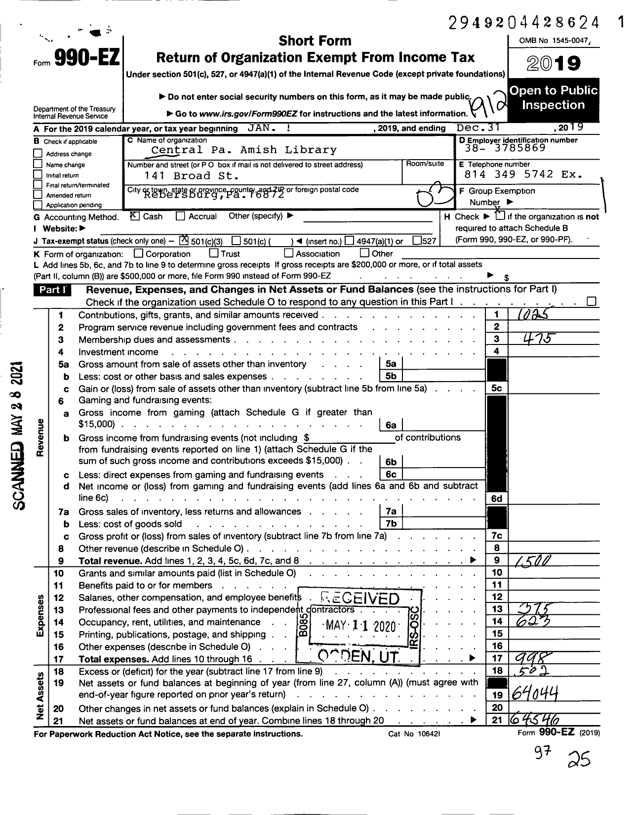 Image of first page of 2019 Form 990EZ for Central Pa Amish Library