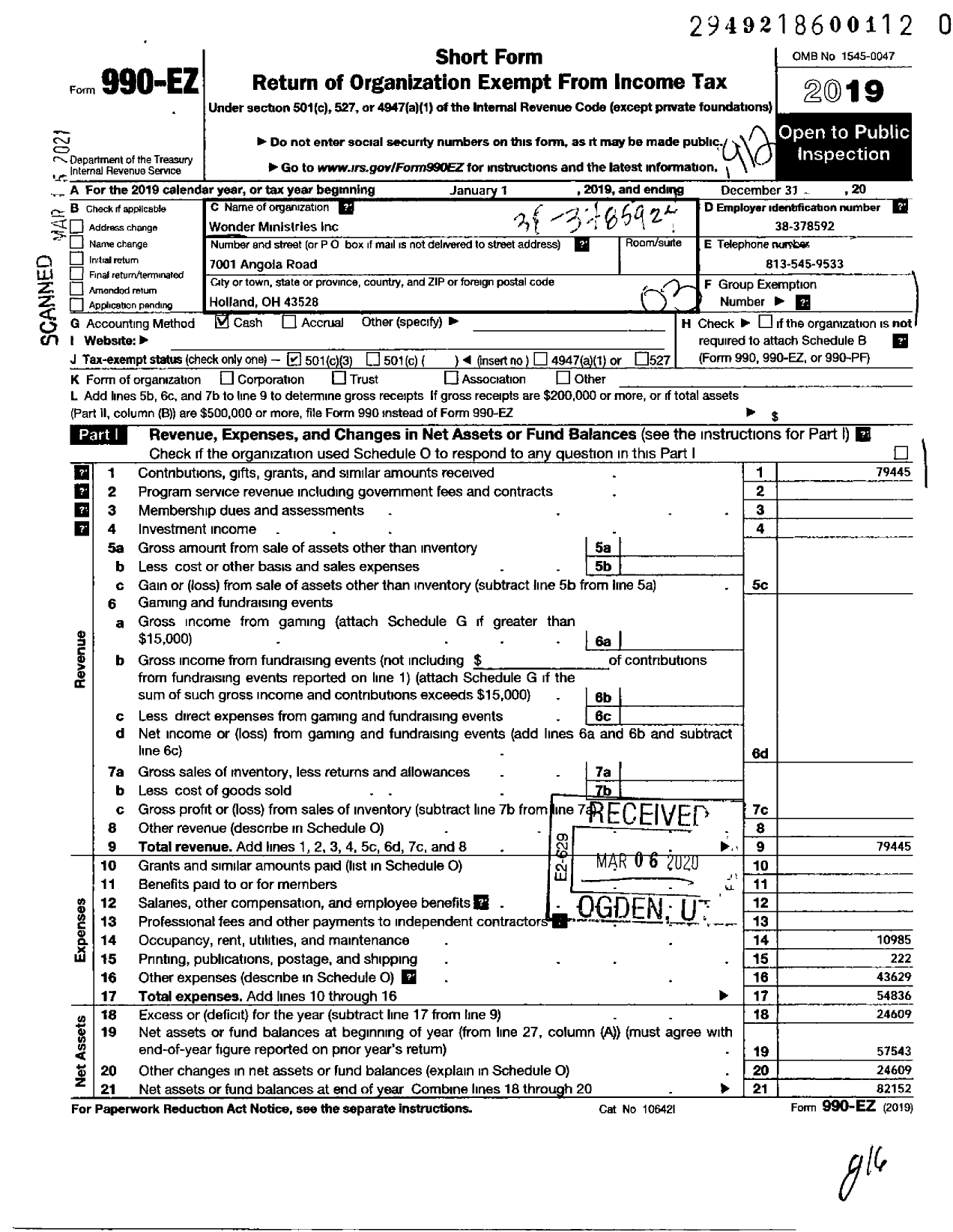 Image of first page of 2019 Form 990EZ for Wonder Ministries