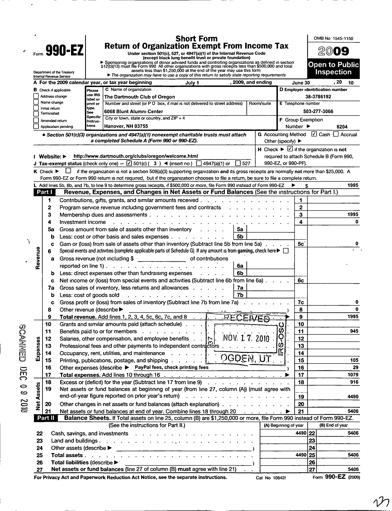 Image of first page of 2009 Form 990EZ for Trustees of Dartmouth College / Darmouth Club of Oregon