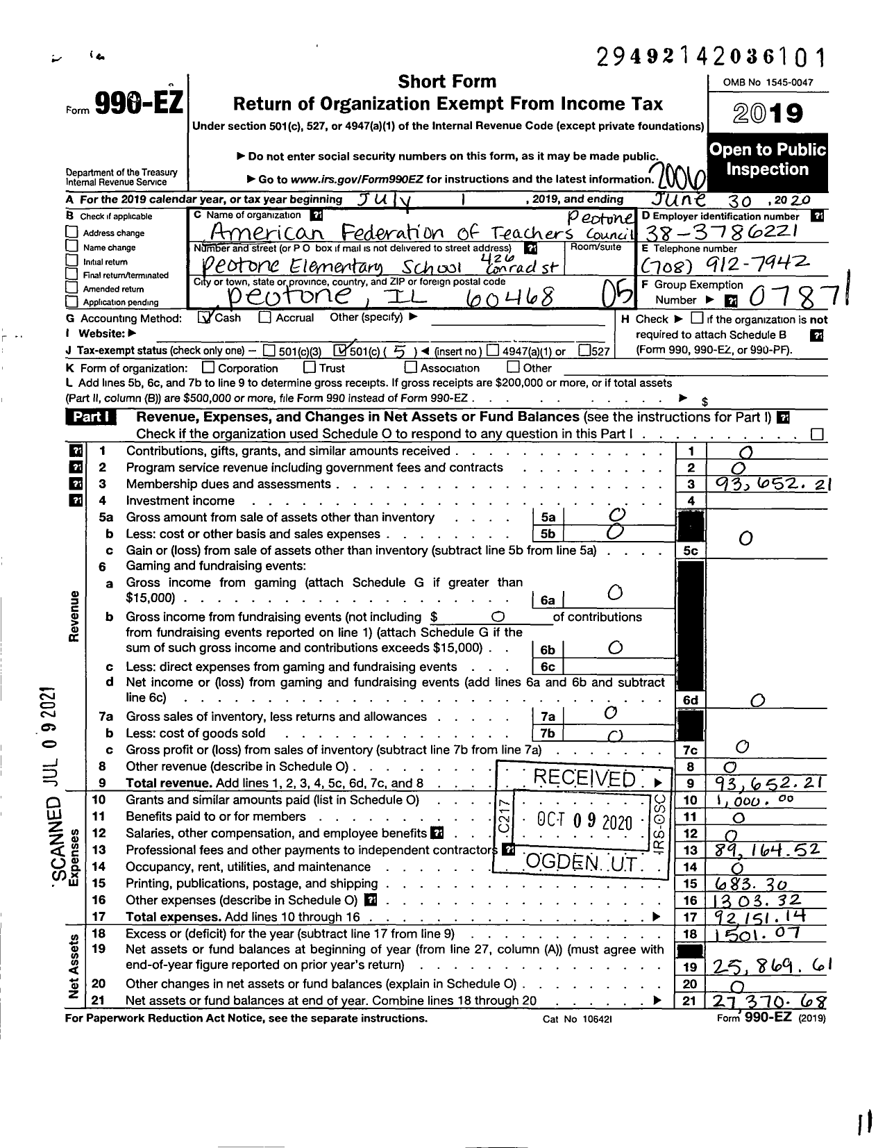 Image of first page of 2019 Form 990EO for American Federation of Teachers - 0604 Council 207 Peotone Ud