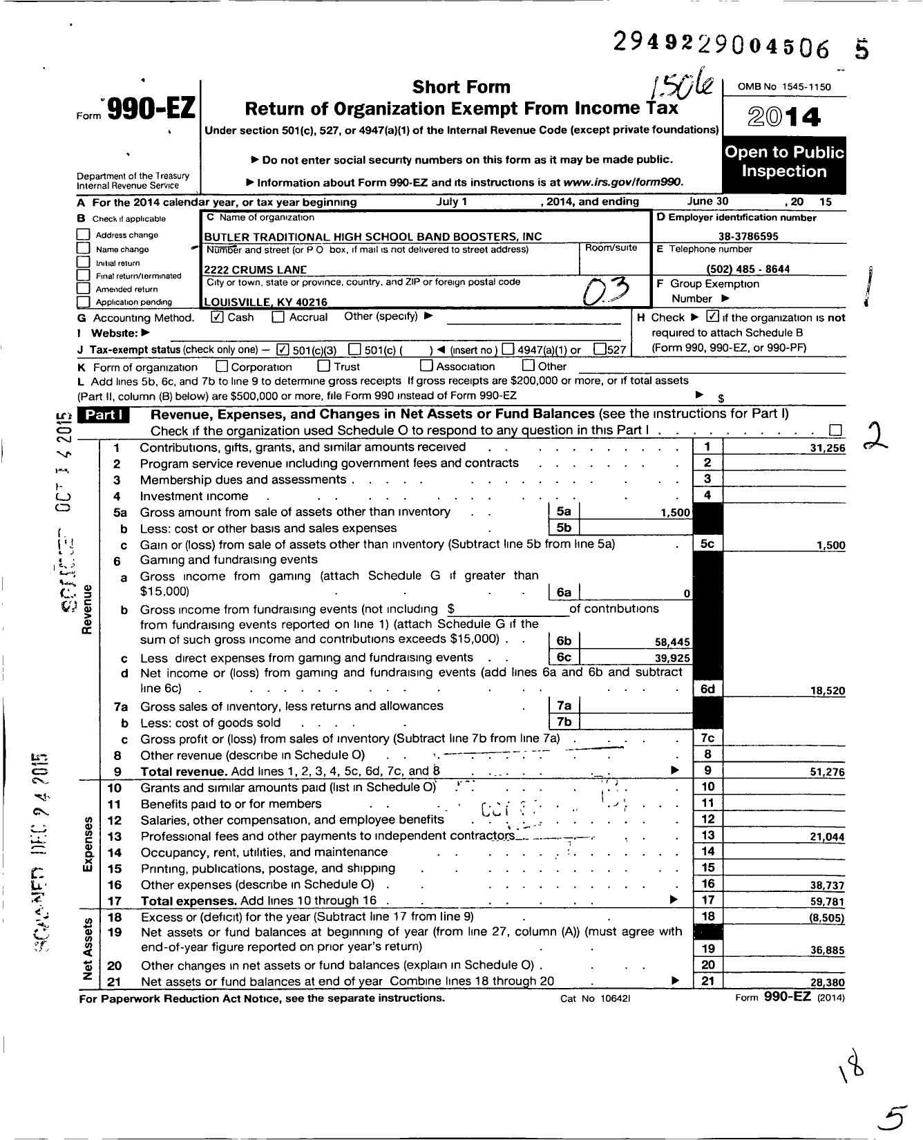 Image of first page of 2014 Form 990EZ for Butler Traditional High School Band Boosters