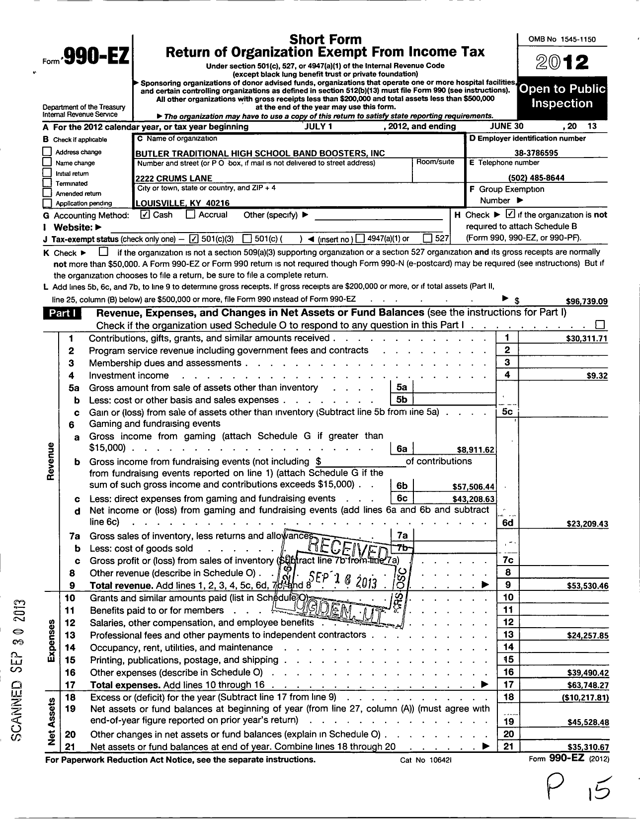 Image of first page of 2012 Form 990EZ for Butler Traditional High School Band Boosters