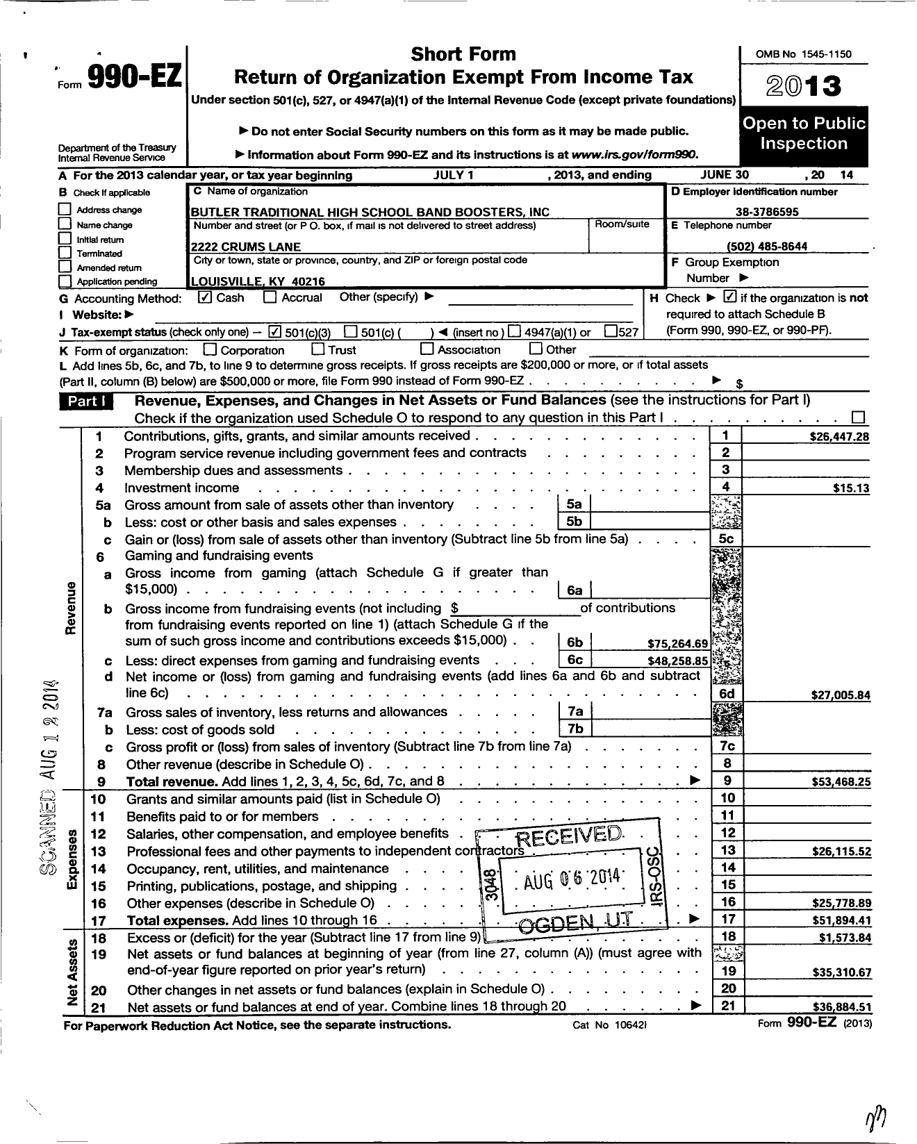 Image of first page of 2013 Form 990EZ for Butler Traditional High School Band Boosters