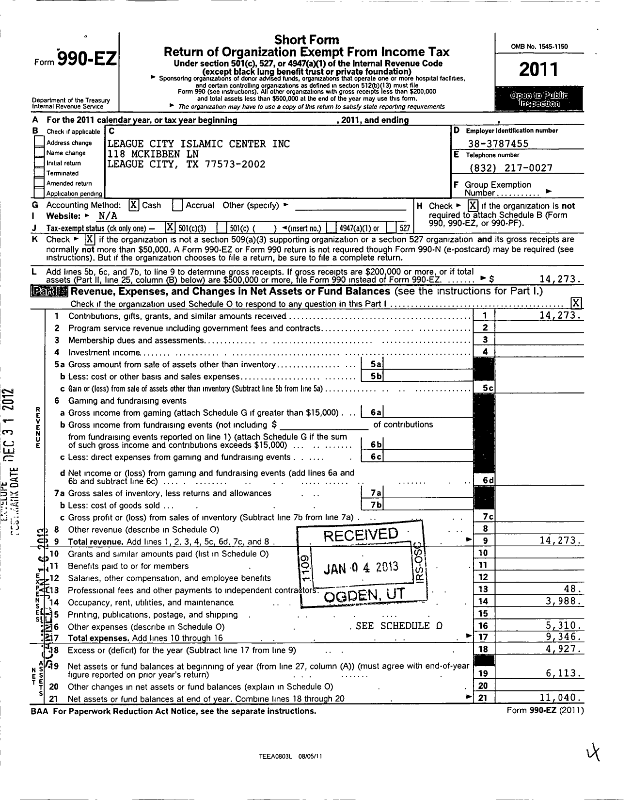 Image of first page of 2011 Form 990EZ for League City Islamic Center