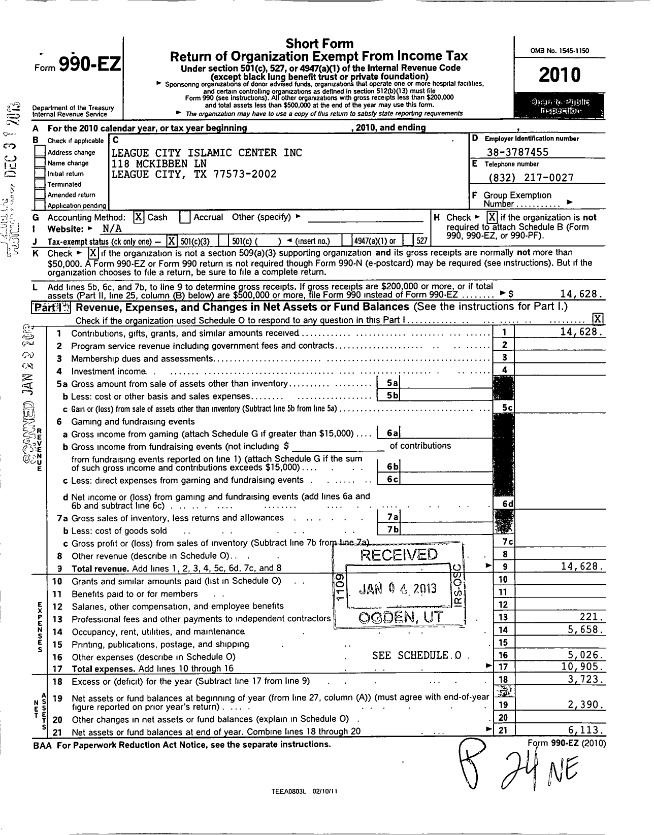 Image of first page of 2010 Form 990EZ for League City Islamic Center