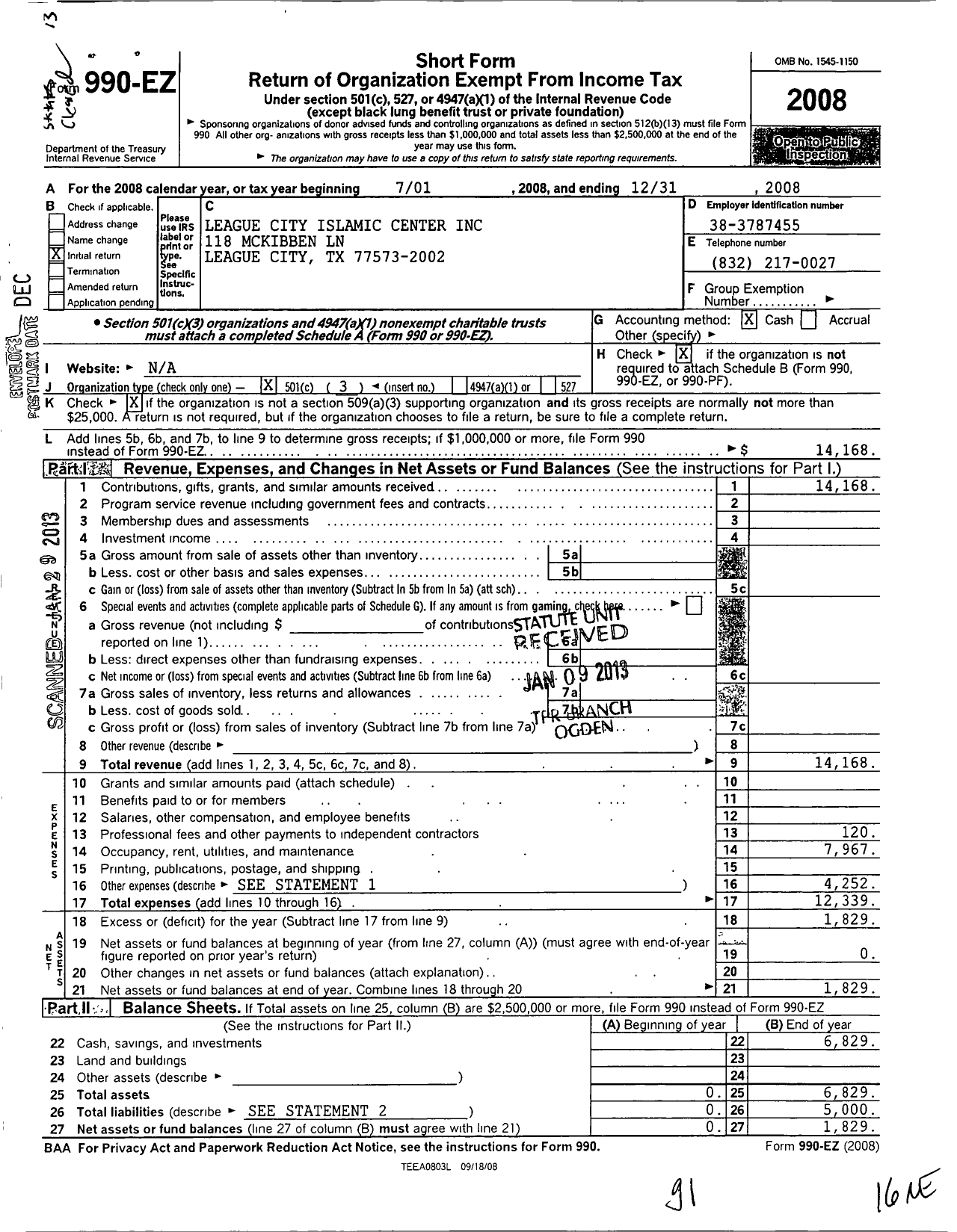 Image of first page of 2008 Form 990EZ for League City Islamic Center