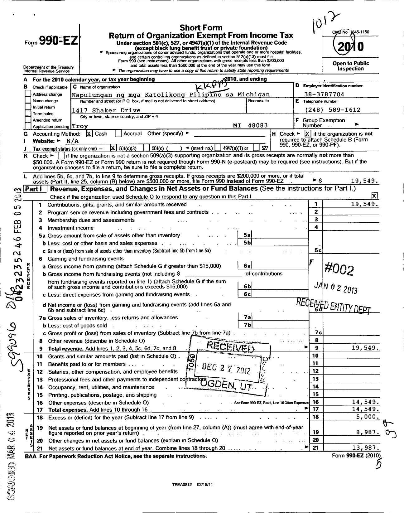 Image of first page of 2010 Form 990EZ for KKPM (Kapulungan NG Mga Katolikong Pilipi)