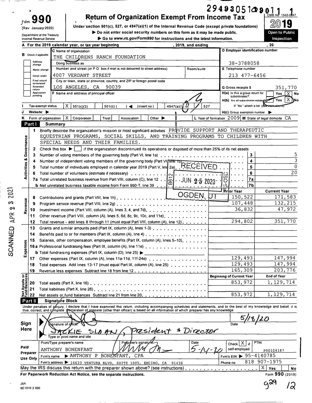 Image of first page of 2019 Form 990 for The Childrens Ranch Foundation