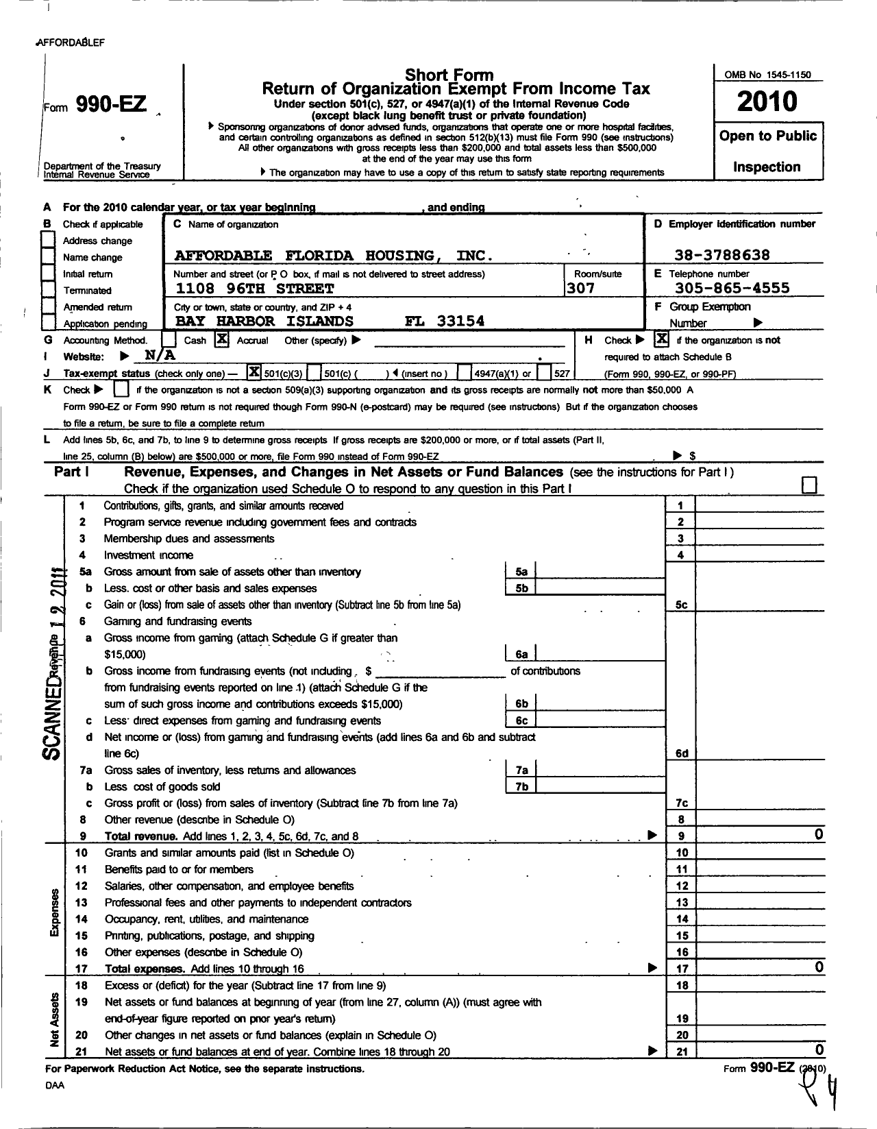 Image of first page of 2010 Form 990EZ for Affordable Florida Housing