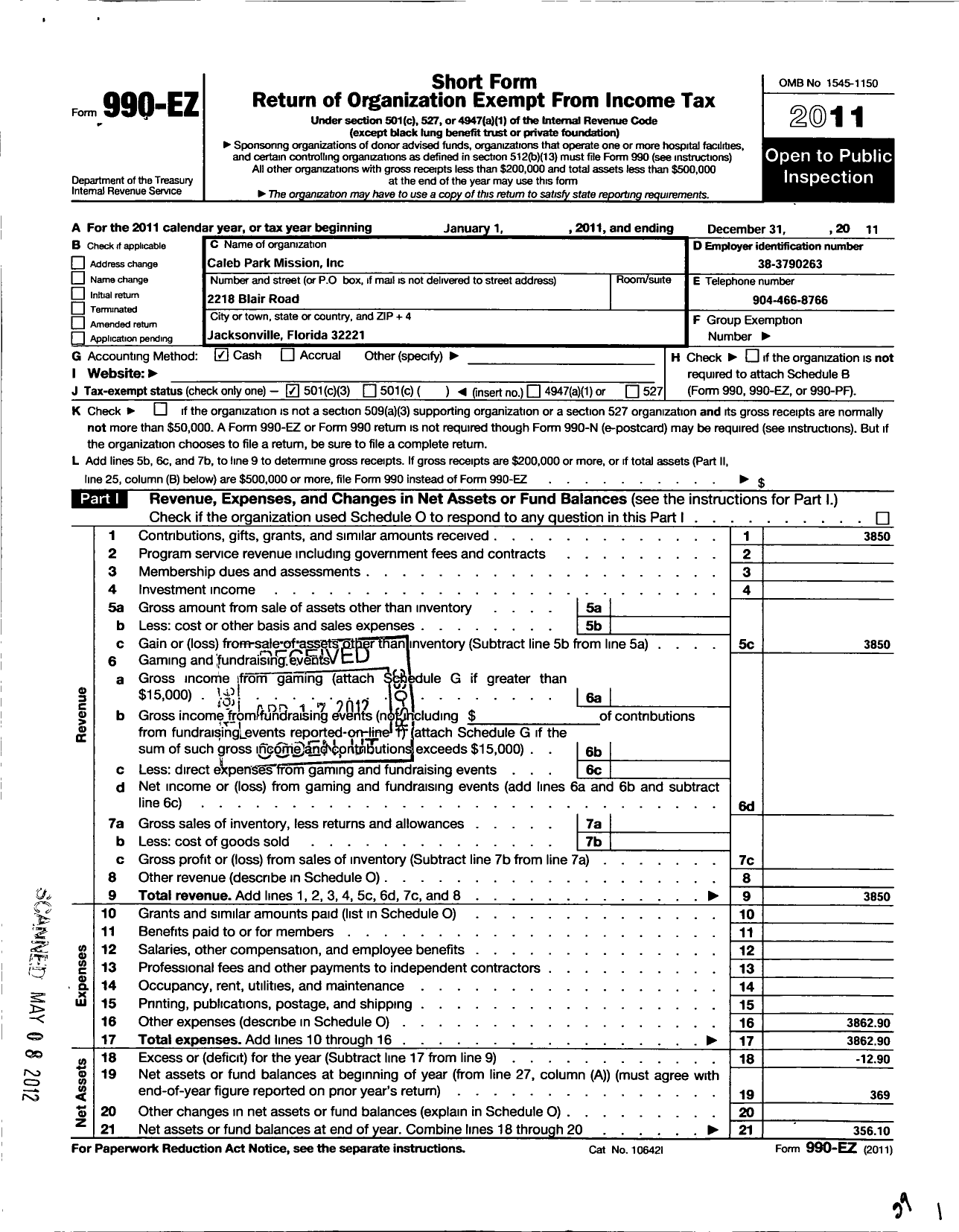 Image of first page of 2011 Form 990EZ for Caleb Park Mission A Florida -not for Profit- Corporation