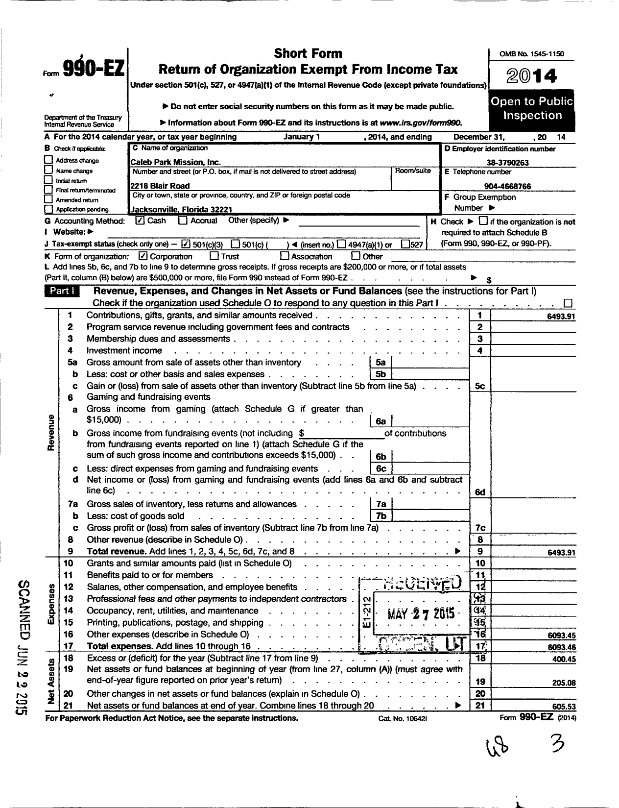 Image of first page of 2014 Form 990EZ for Caleb Park Mission A Florida -not for Profit- Corporation