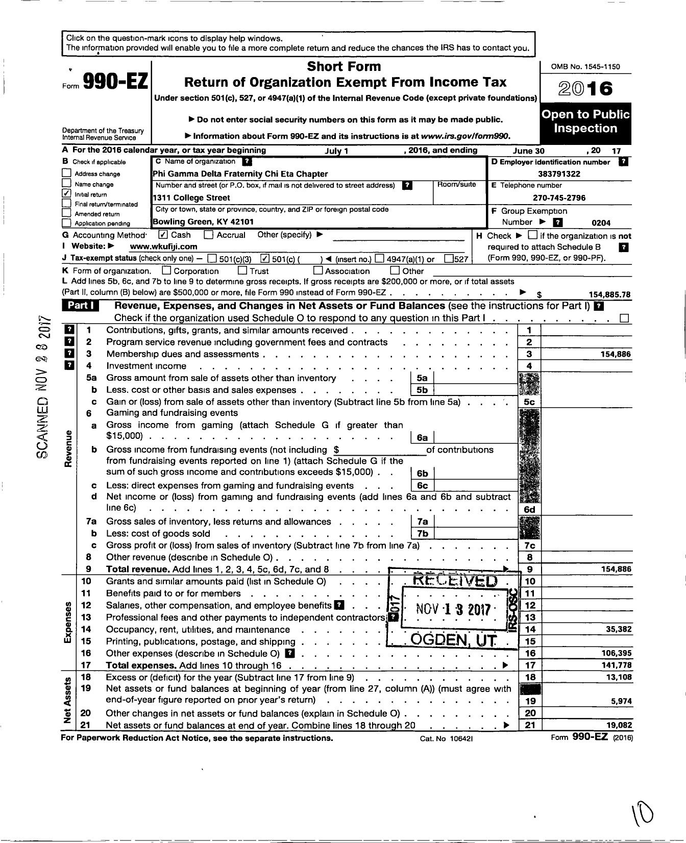 Image of first page of 2016 Form 990EO for Phi Gamma Delta Fraternity - Chi Eta Chapter