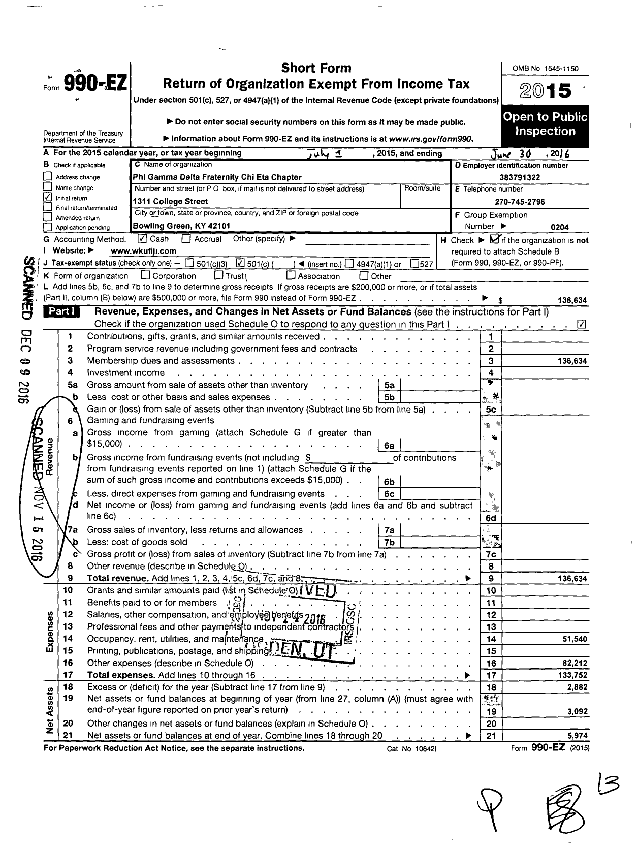 Image of first page of 2015 Form 990EO for Phi Gamma Delta Fraternity - Chi Eta Chapter