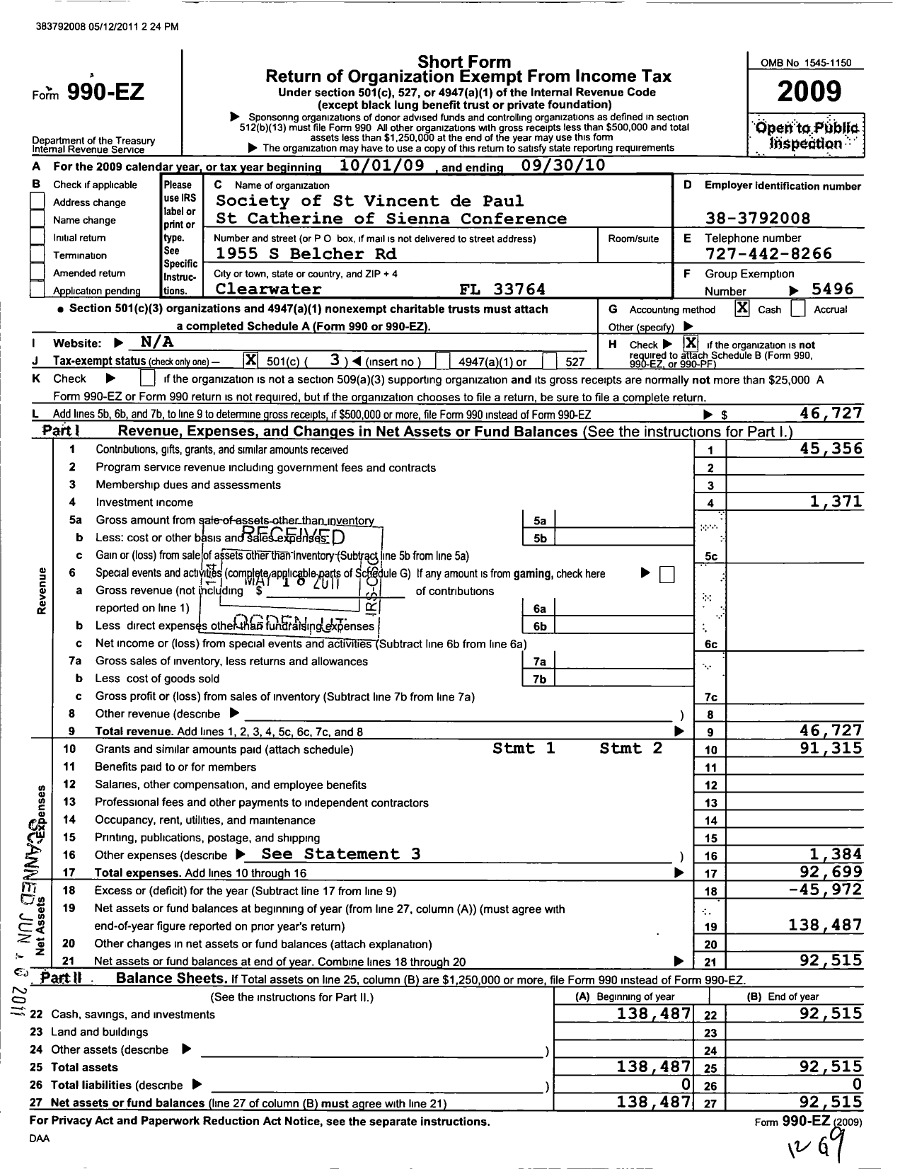 Image of first page of 2009 Form 990EZ for Society of St Vincent de Paul St Catherine of Siena Conference