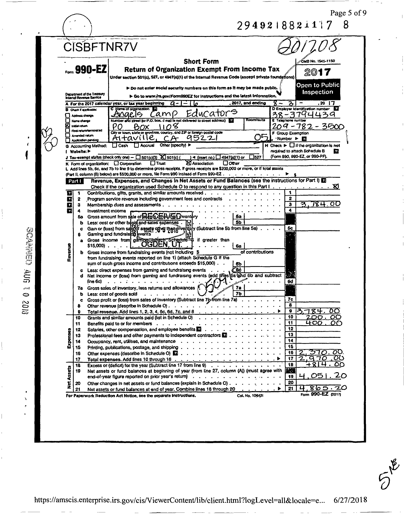 Image of first page of 2016 Form 990EO for California Teachers Association - Angels Copper Educs