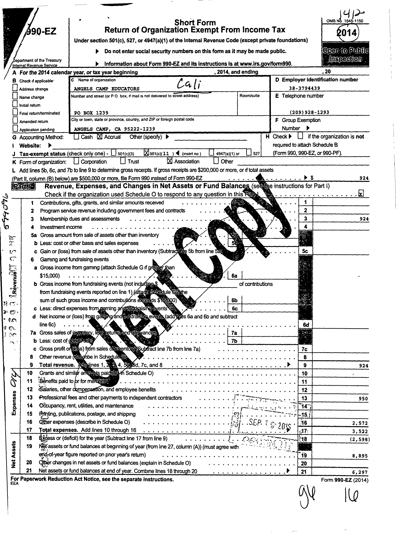 Image of first page of 2014 Form 990EO for California Teachers Association - Angels Copper Educs