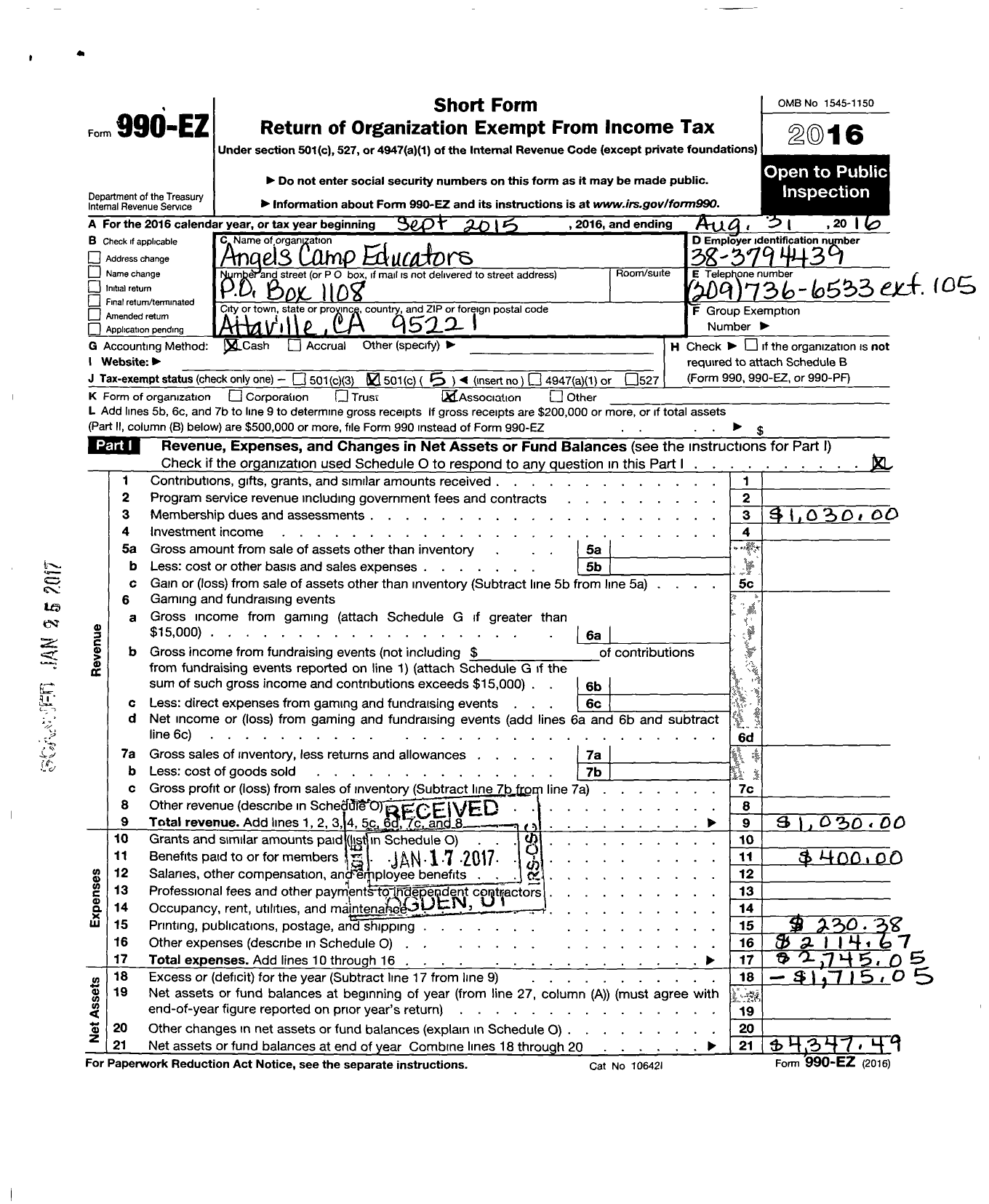 Image of first page of 2015 Form 990EO for California Teachers Association - Angels Copper Educs