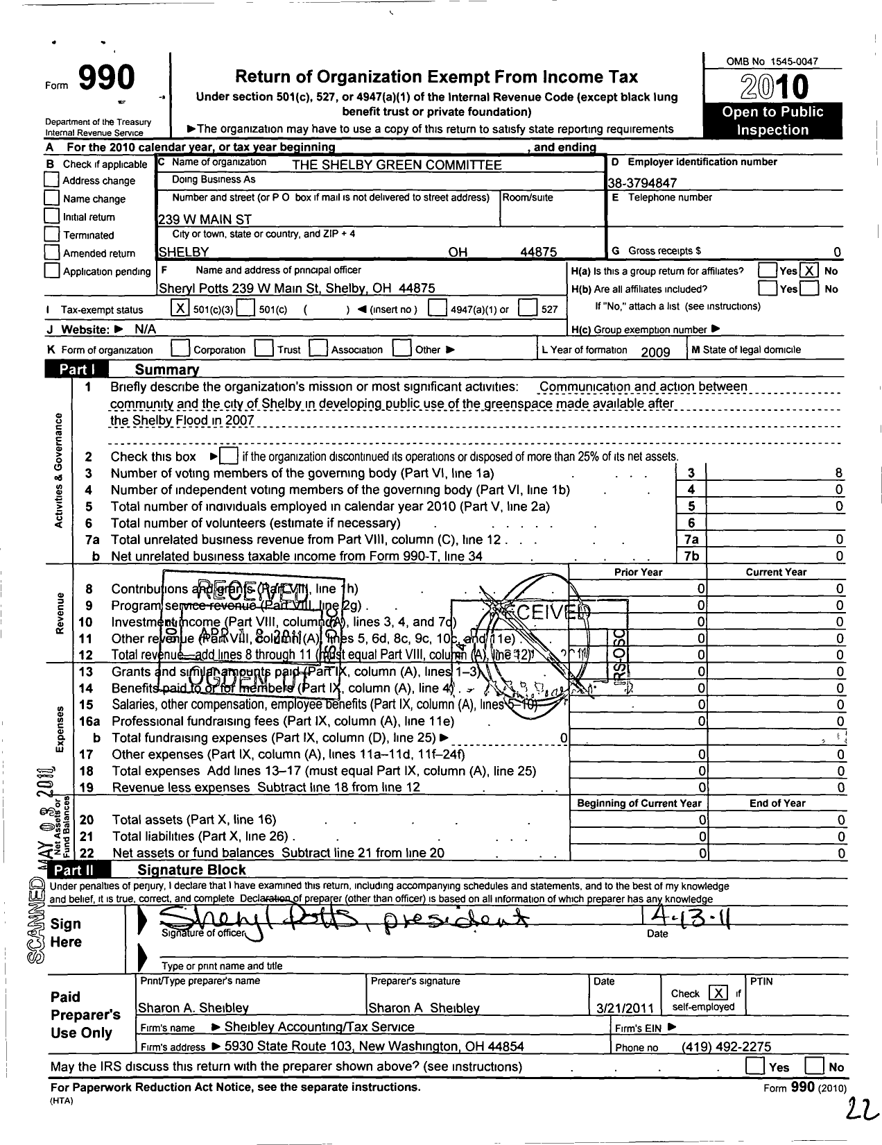 Image of first page of 2010 Form 990 for The Shelby Green Committee