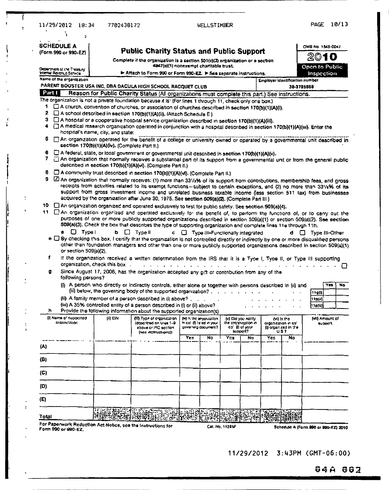 Image of first page of 2010 Form 990ER for Parent Booster USA / Dacula High School Racquet Club