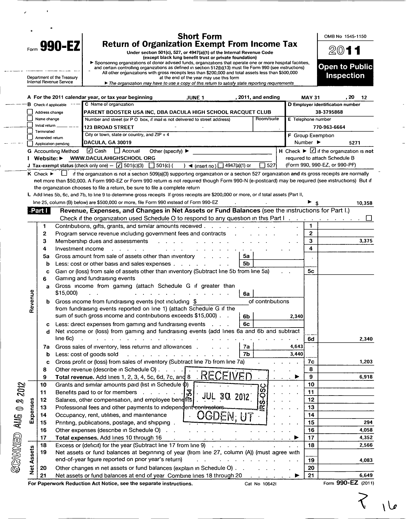 Image of first page of 2011 Form 990EZ for Parent Booster USA / Dacula High School Racquet Club