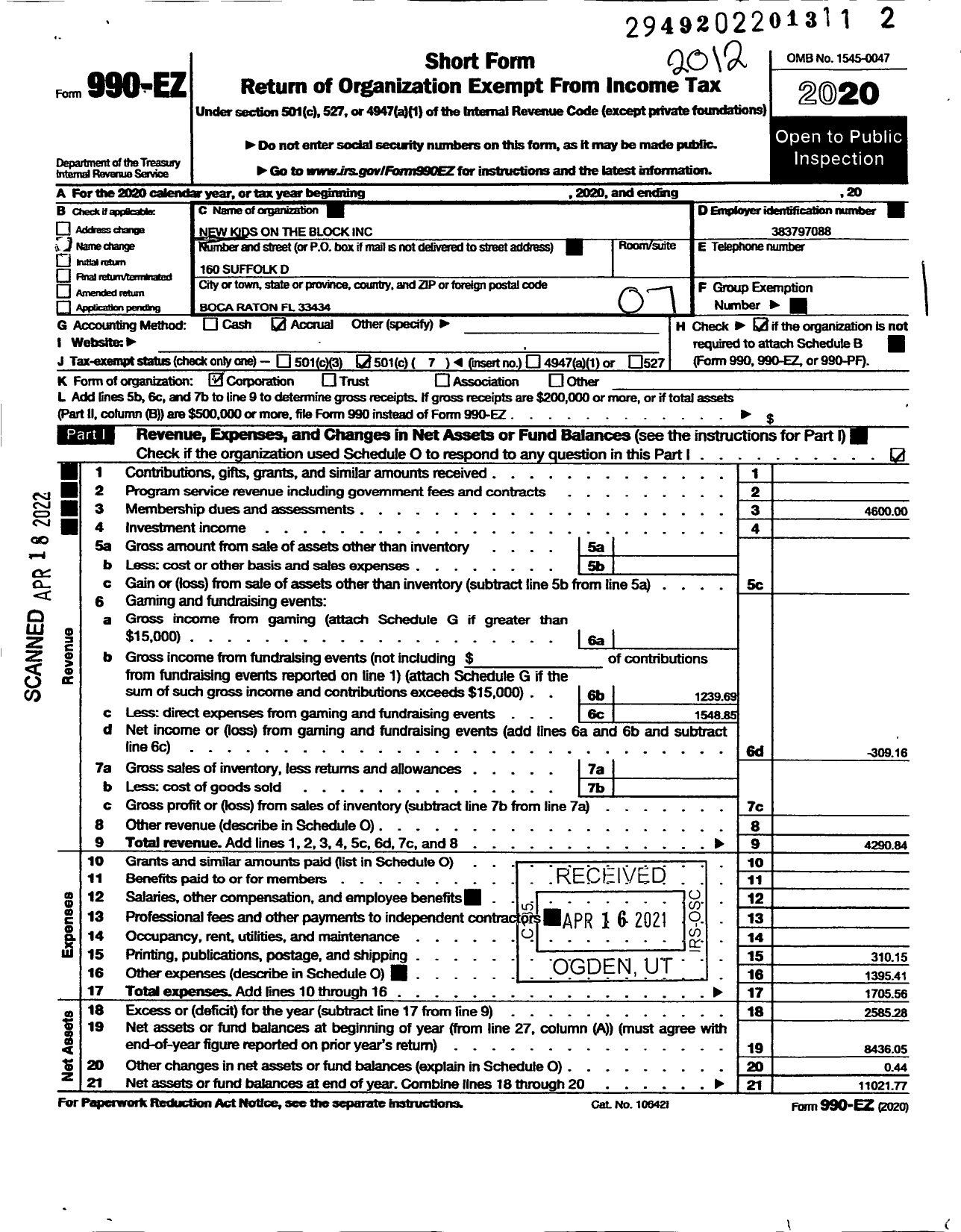 Image of first page of 2020 Form 990EO for New Kids on the Block