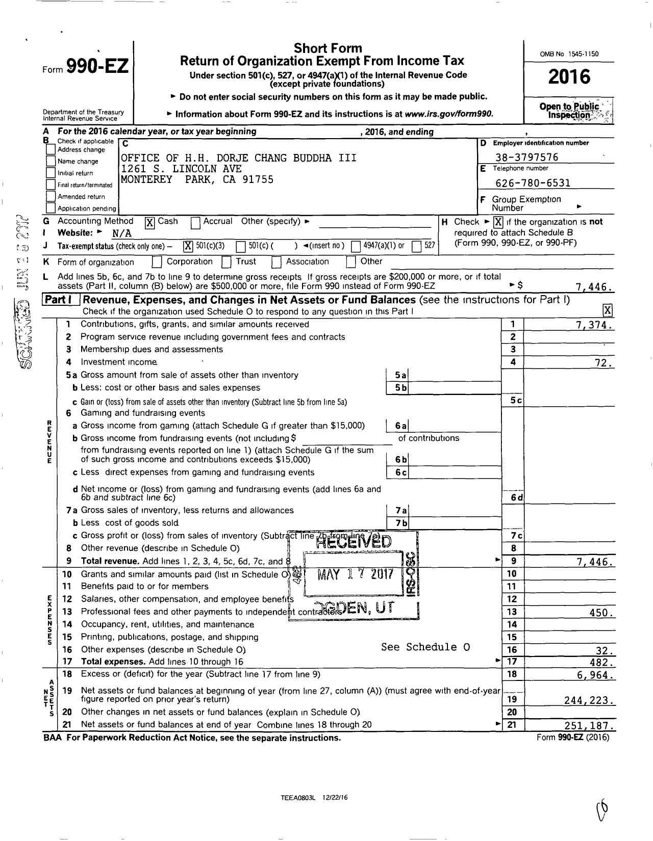 Image of first page of 2016 Form 990EZ for Office of H H Dorje Chang Buddha Iii