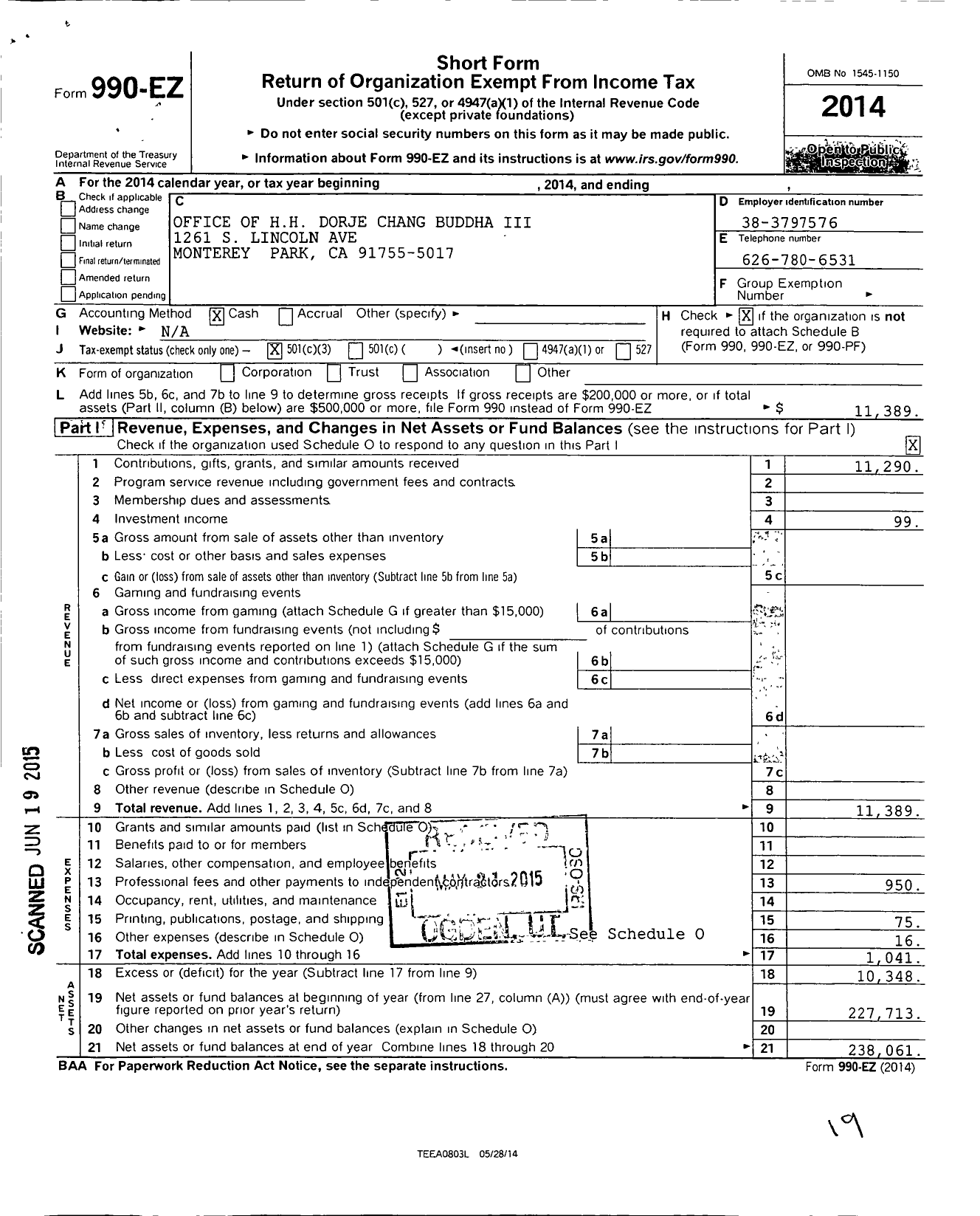 Image of first page of 2014 Form 990EZ for Office of H H Dorje Chang Buddha Iii