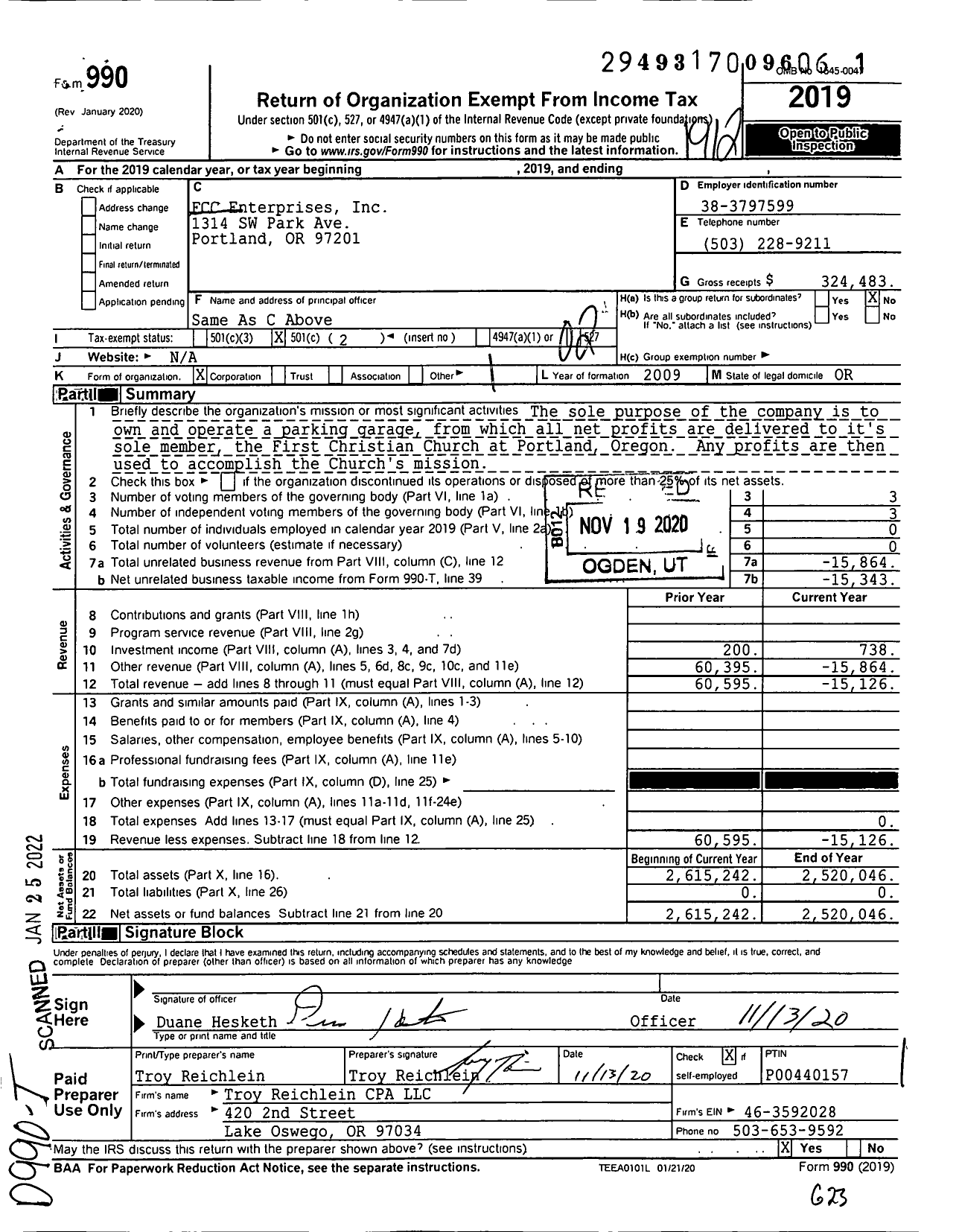 Image of first page of 2019 Form 990O for FCC Enterprises