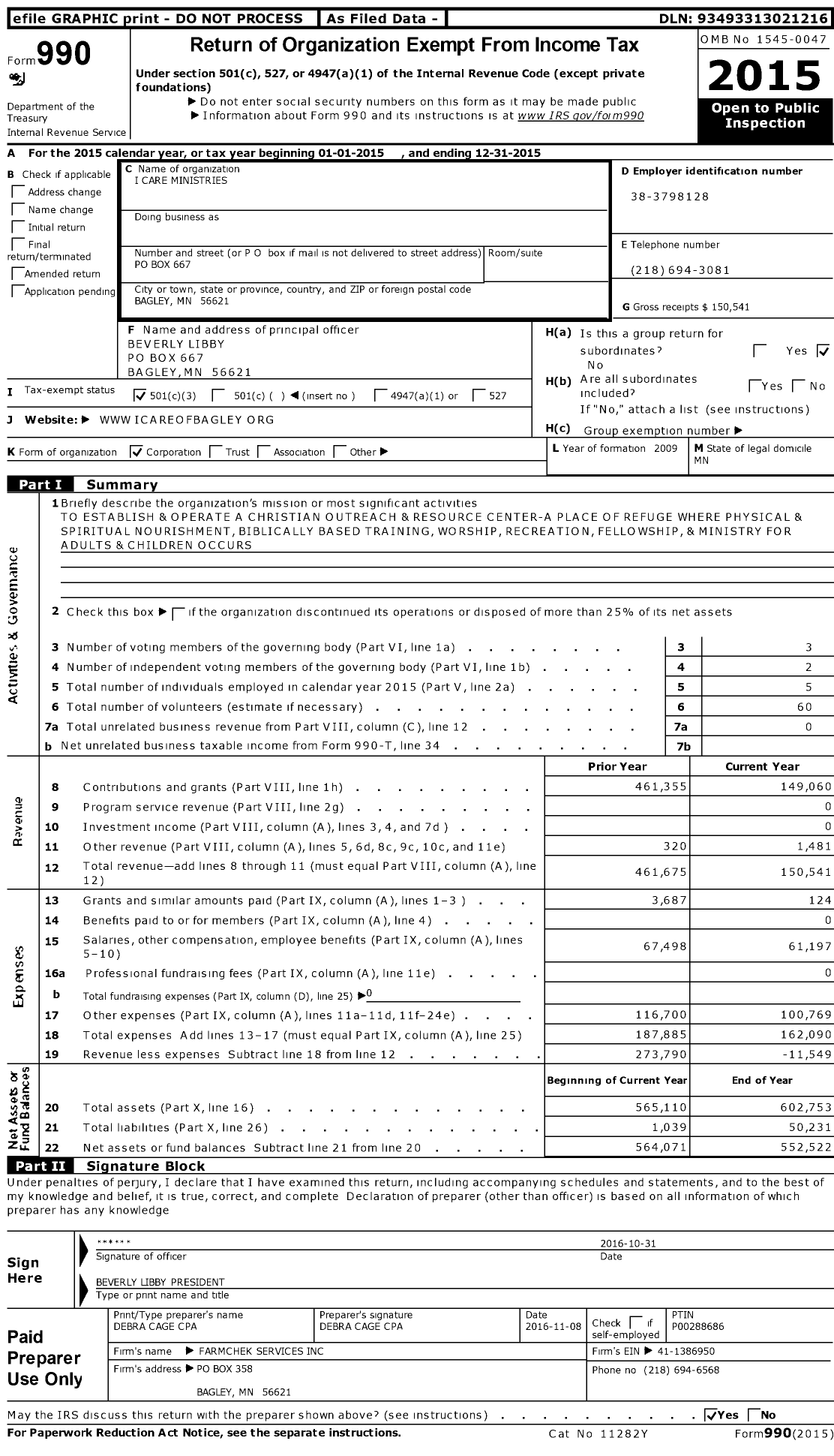 Image of first page of 2015 Form 990 for I Care Ministries