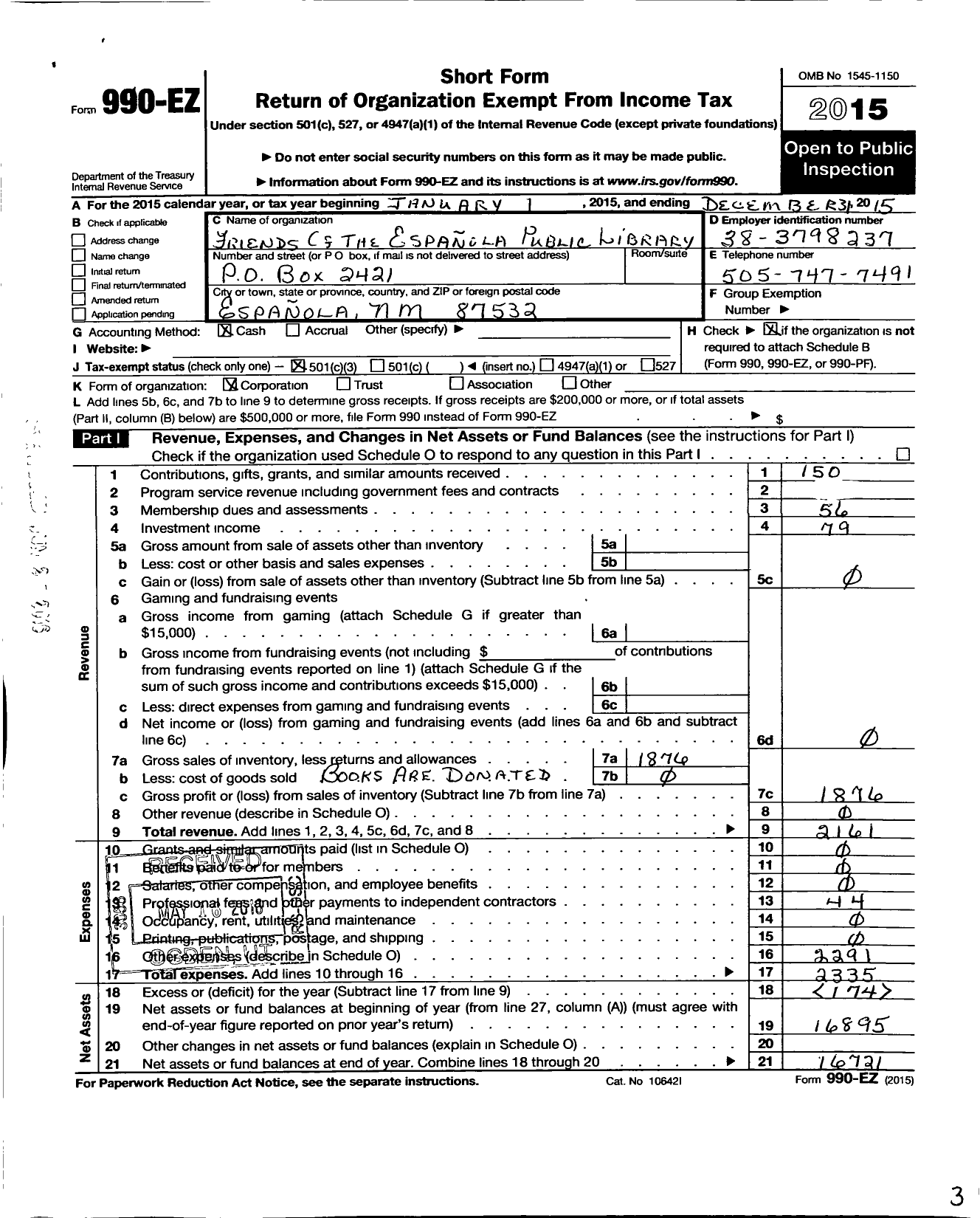 Image of first page of 2015 Form 990EZ for Friends of the Espanola Public Library