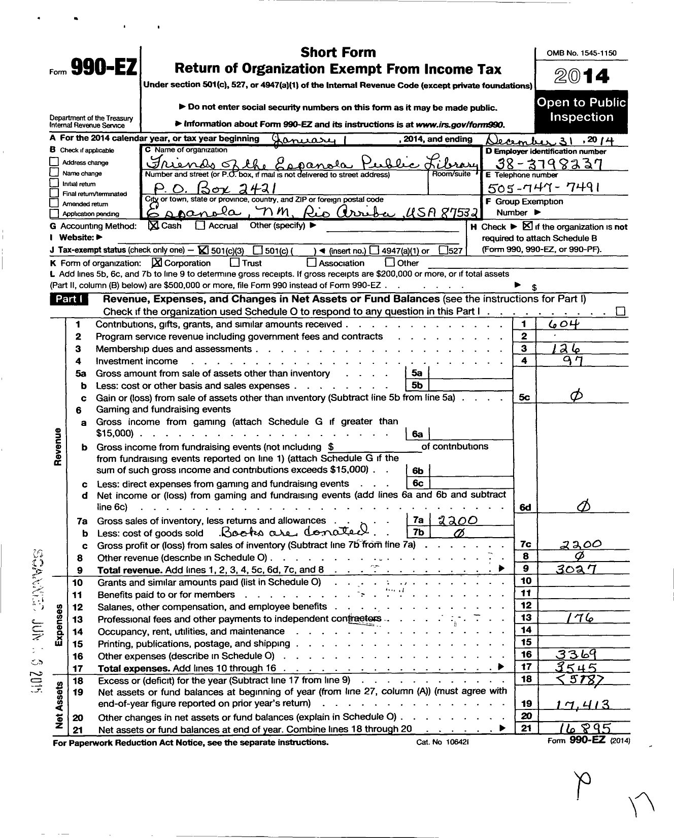 Image of first page of 2014 Form 990EZ for Friends of the Espanola Public Library