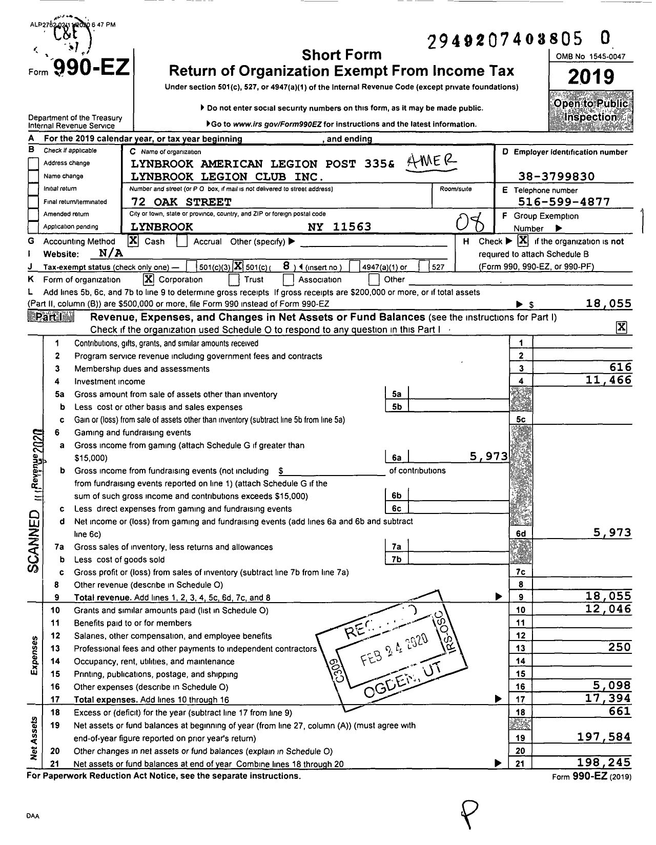 Image of first page of 2019 Form 990EO for American Legion - 335 Lynbrook Post