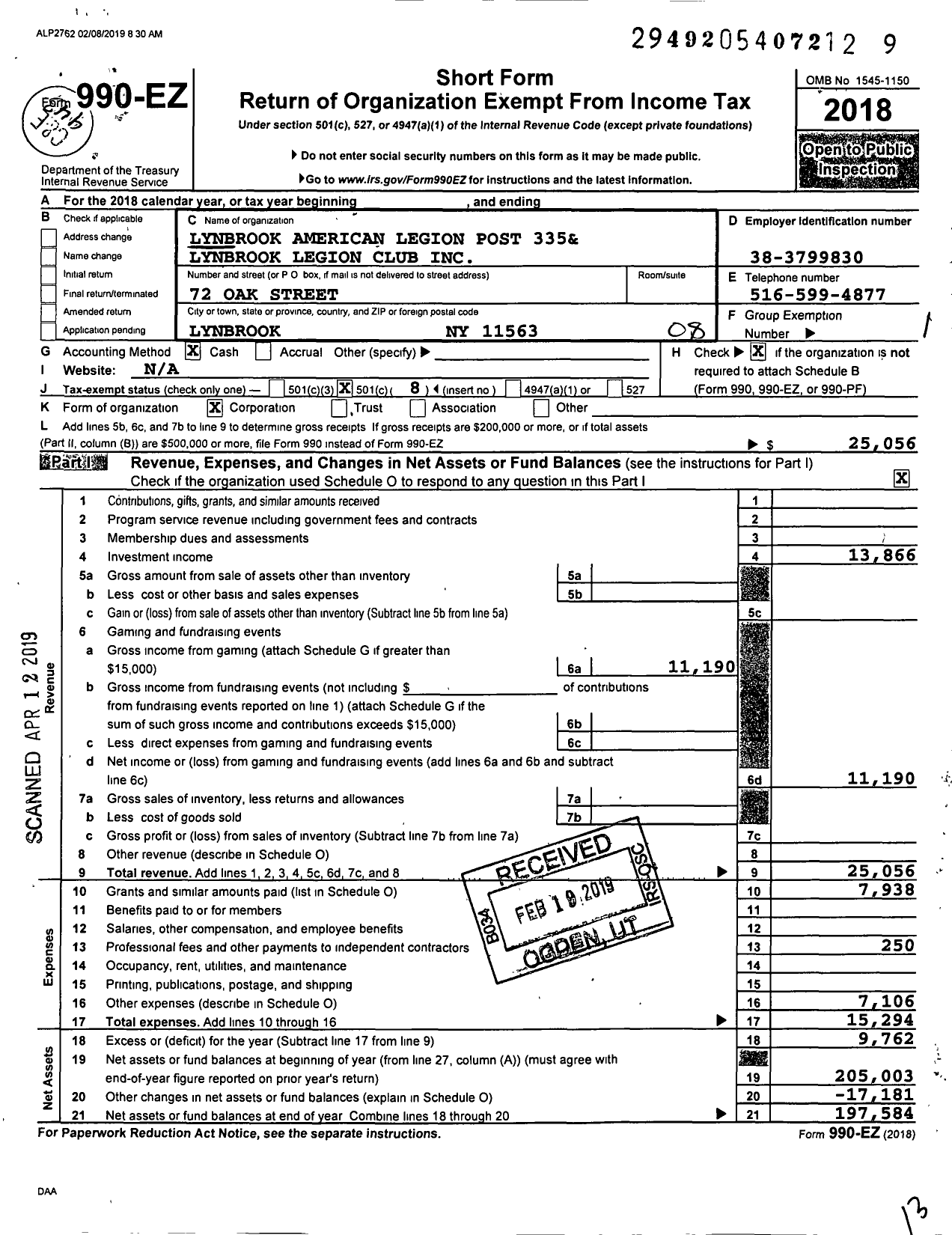 Image of first page of 2018 Form 990EO for American Legion - 335 Lynbrook Post