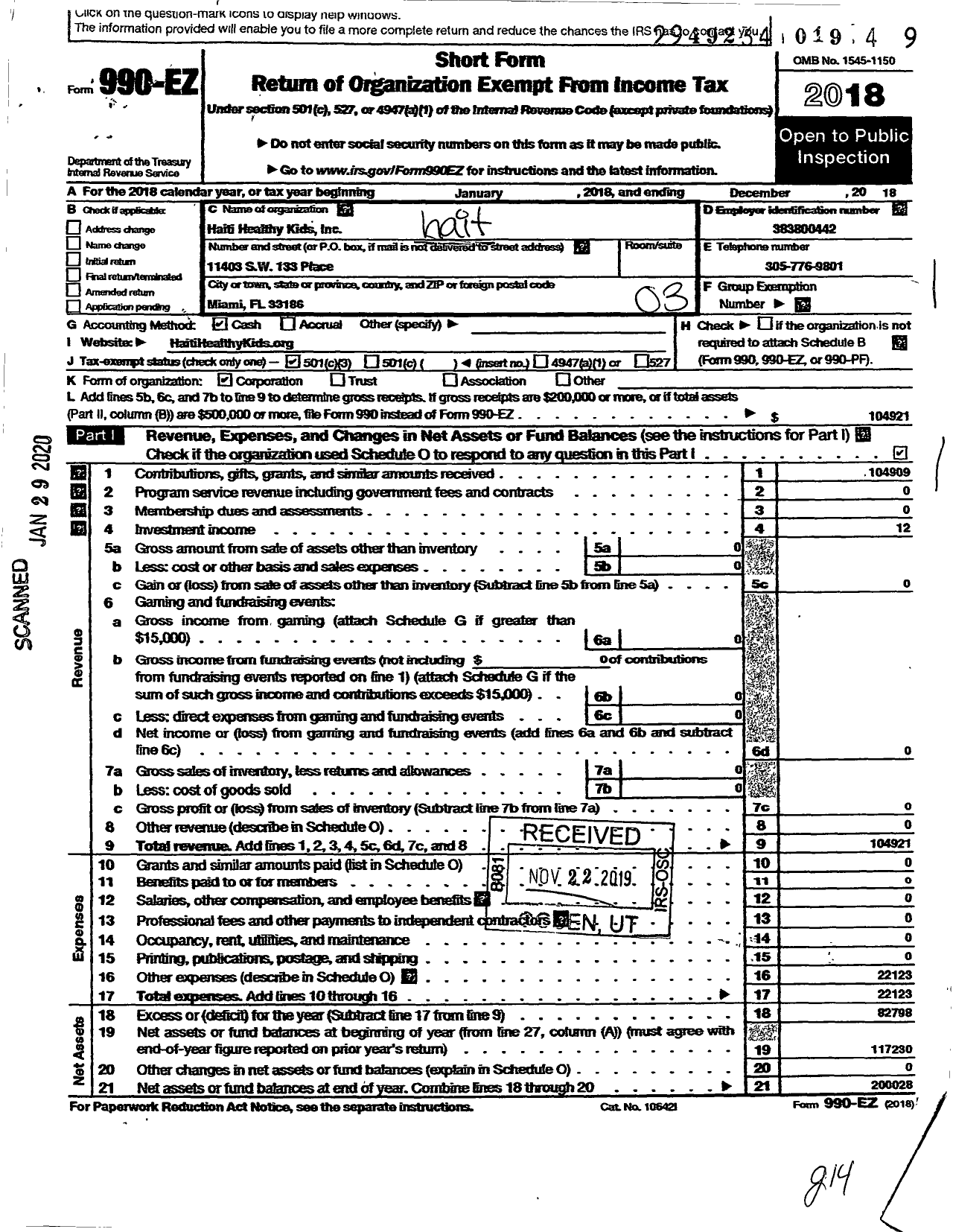 Image of first page of 2018 Form 990EZ for Haiti Healthy Kids