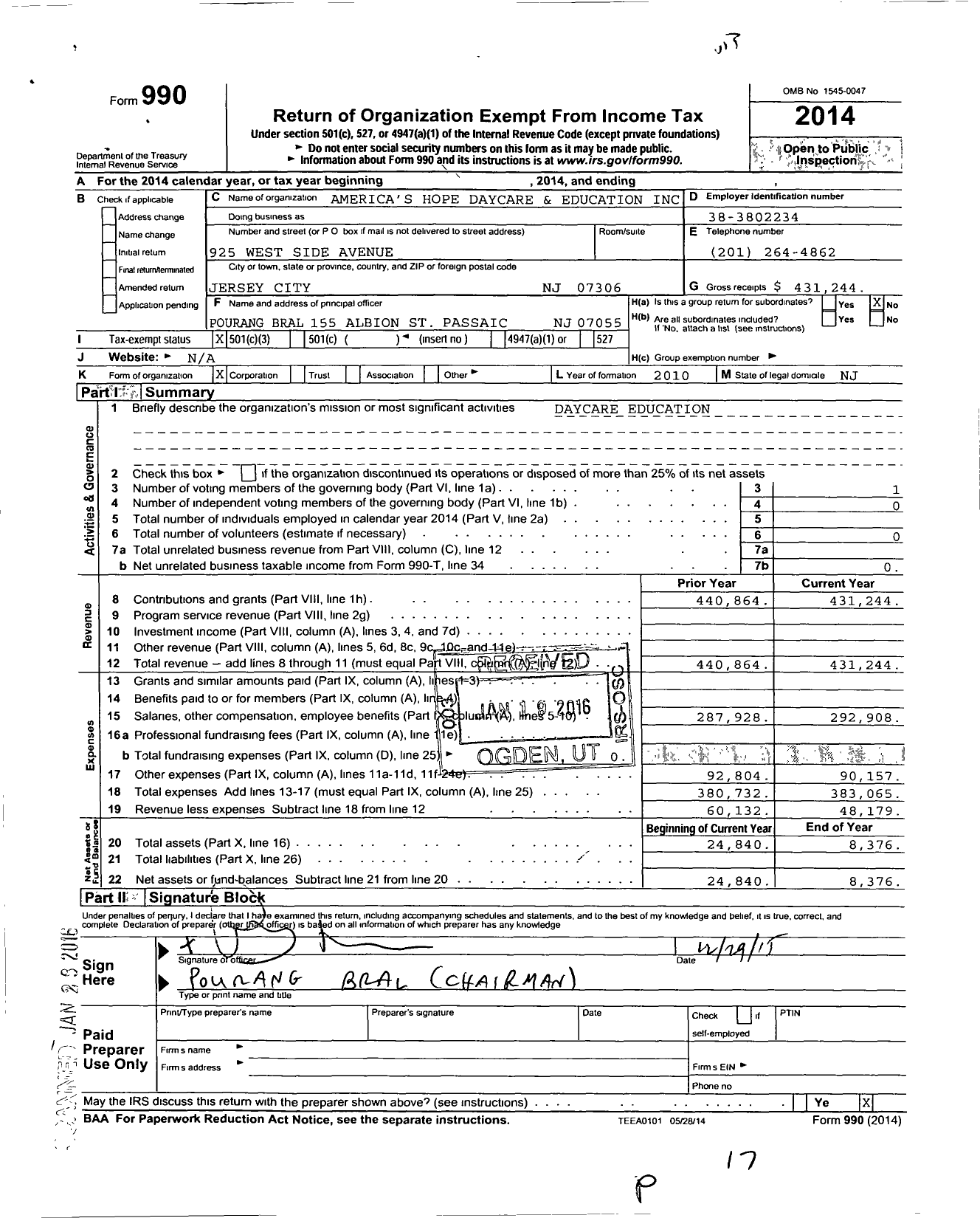 Image of first page of 2014 Form 990 for Americas Hope Daycare and Education