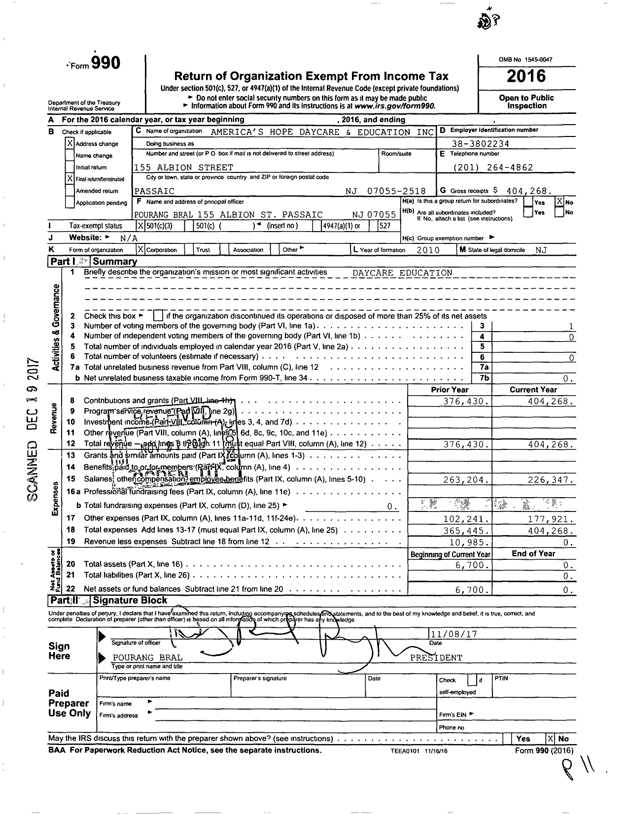 Image of first page of 2016 Form 990 for Americas Hope Daycare and Education