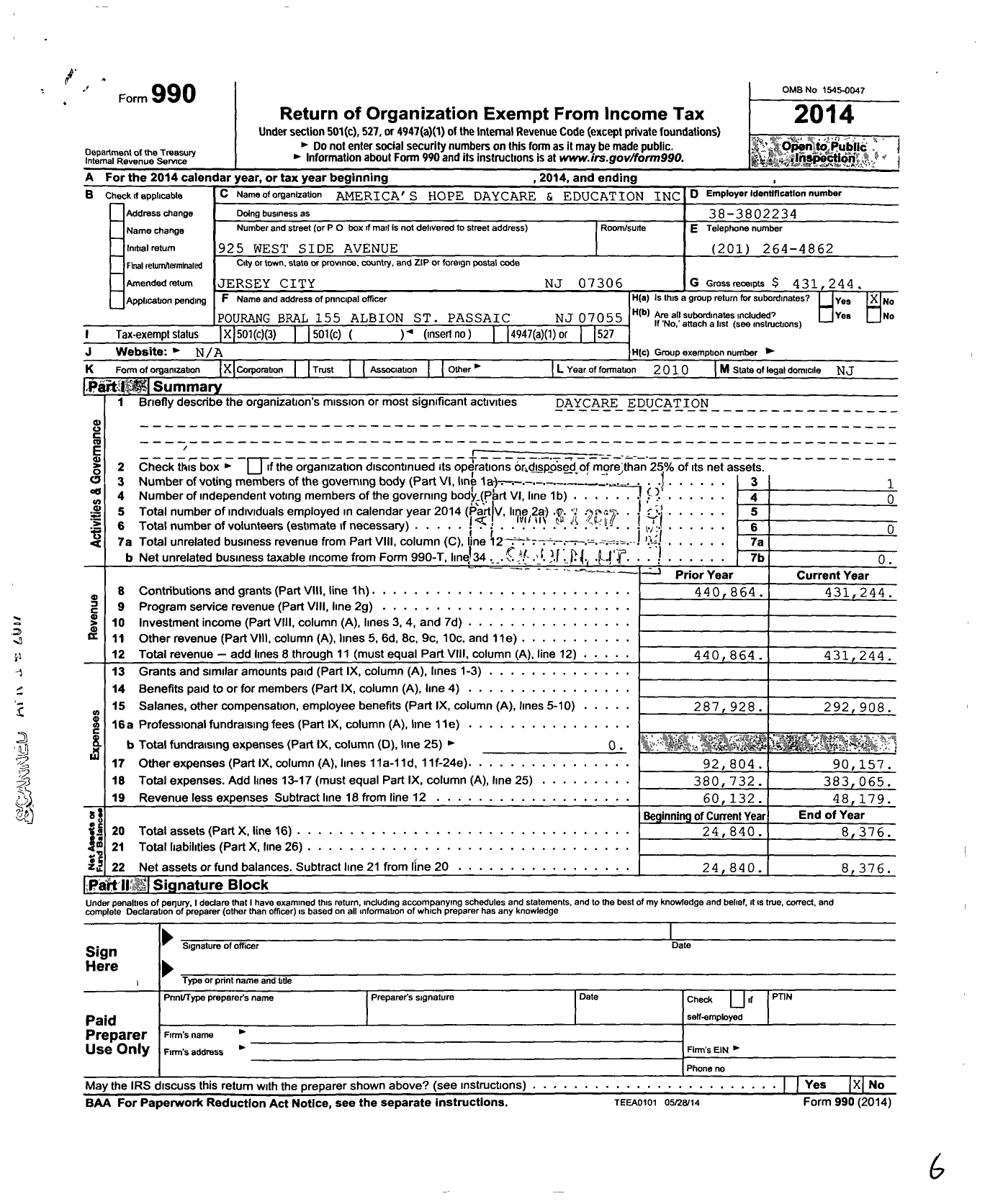 Image of first page of 2014 Form 990 for Americas Hope Daycare and Education