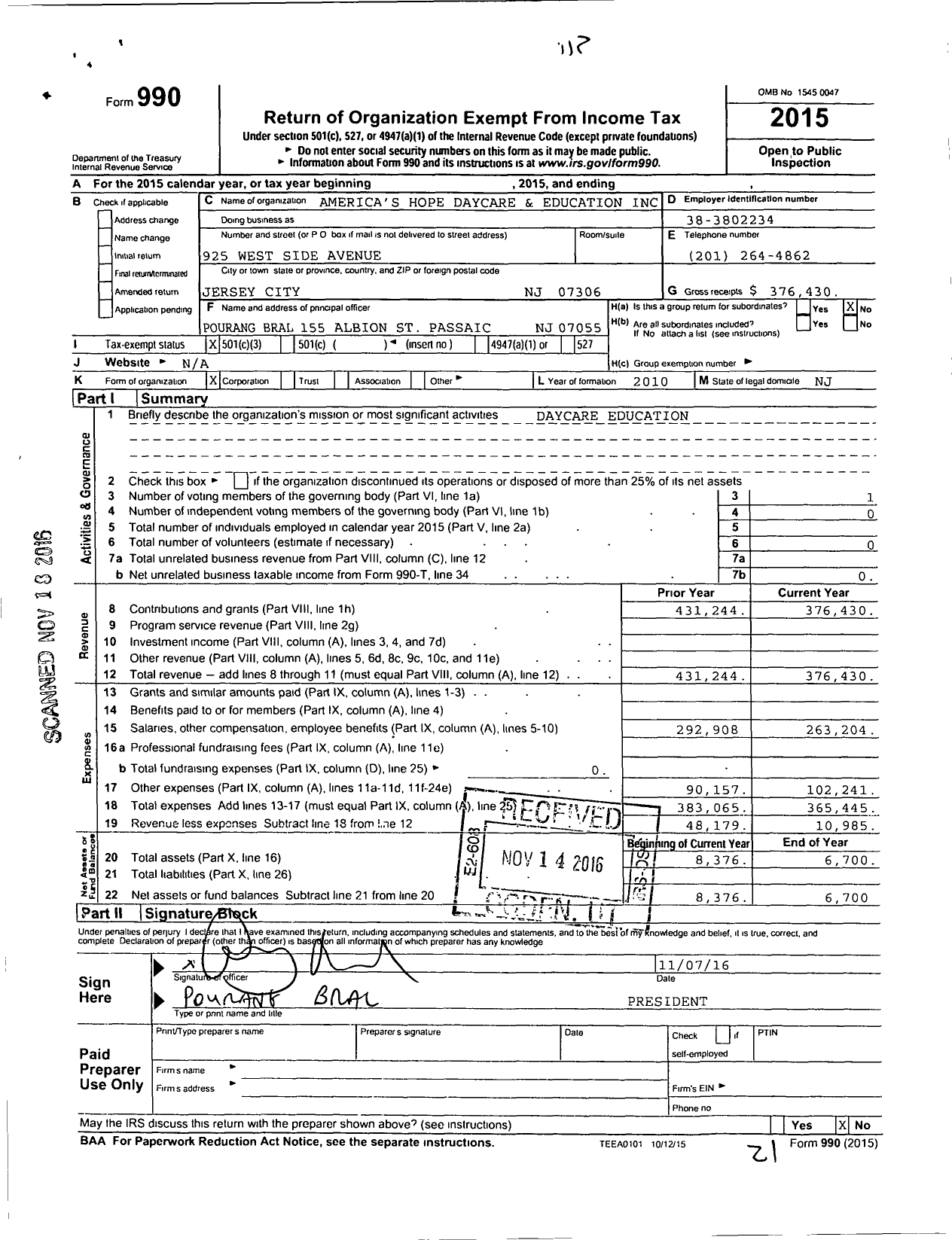 Image of first page of 2015 Form 990 for Americas Hope Daycare and Education