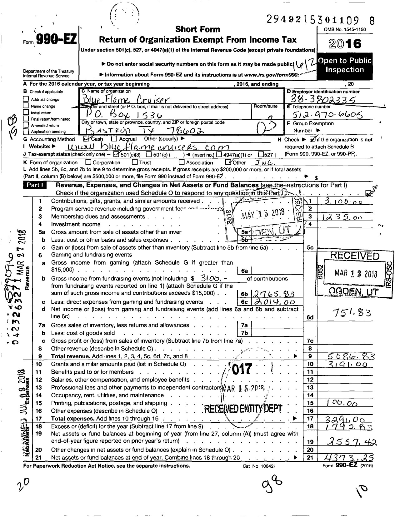 Image of first page of 2016 Form 990EZ for Blue Flame Cruiser