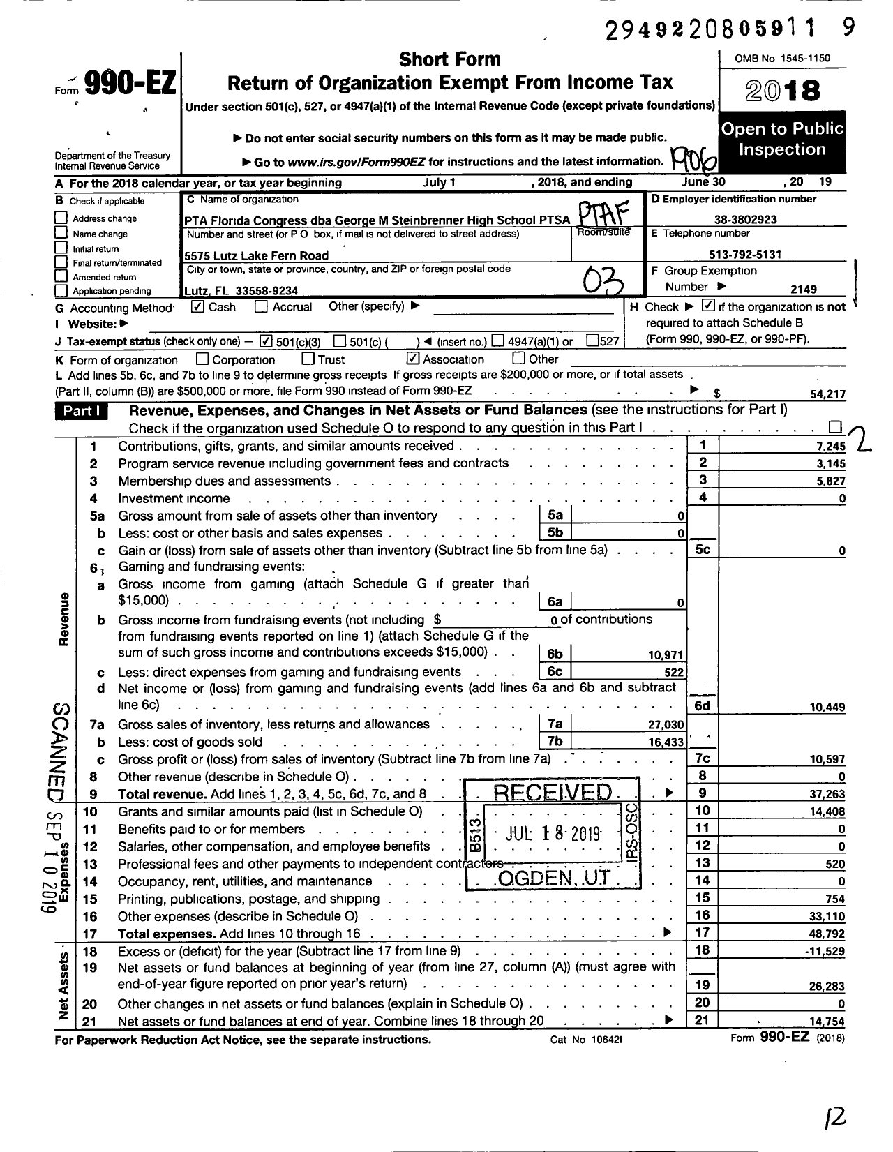 Image of first page of 2018 Form 990EZ for PTA FLORIDA CONGRESS - GEORGE M Steinbrenner High PTSA