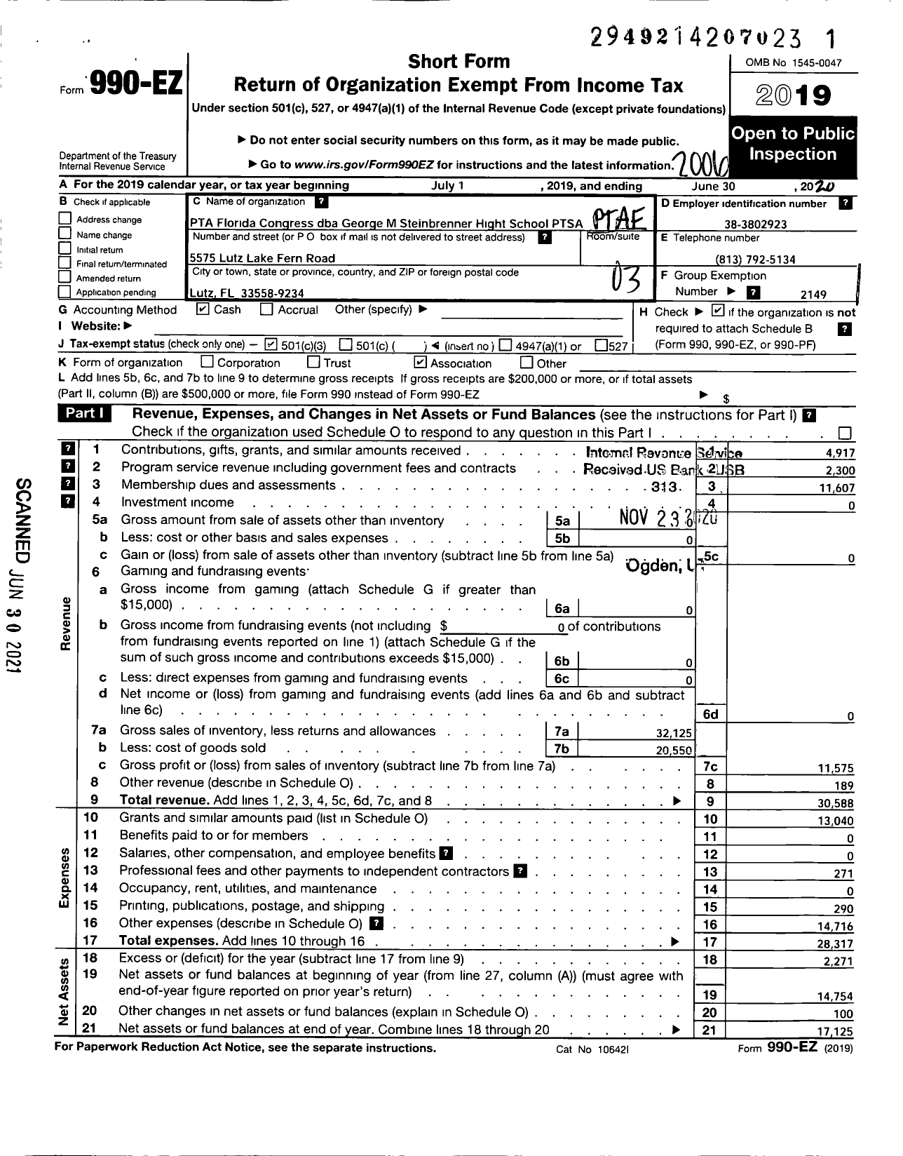 Image of first page of 2019 Form 990EZ for PTA FLORIDA CONGRESS - GEORGE M Steinbrenner High PTSA