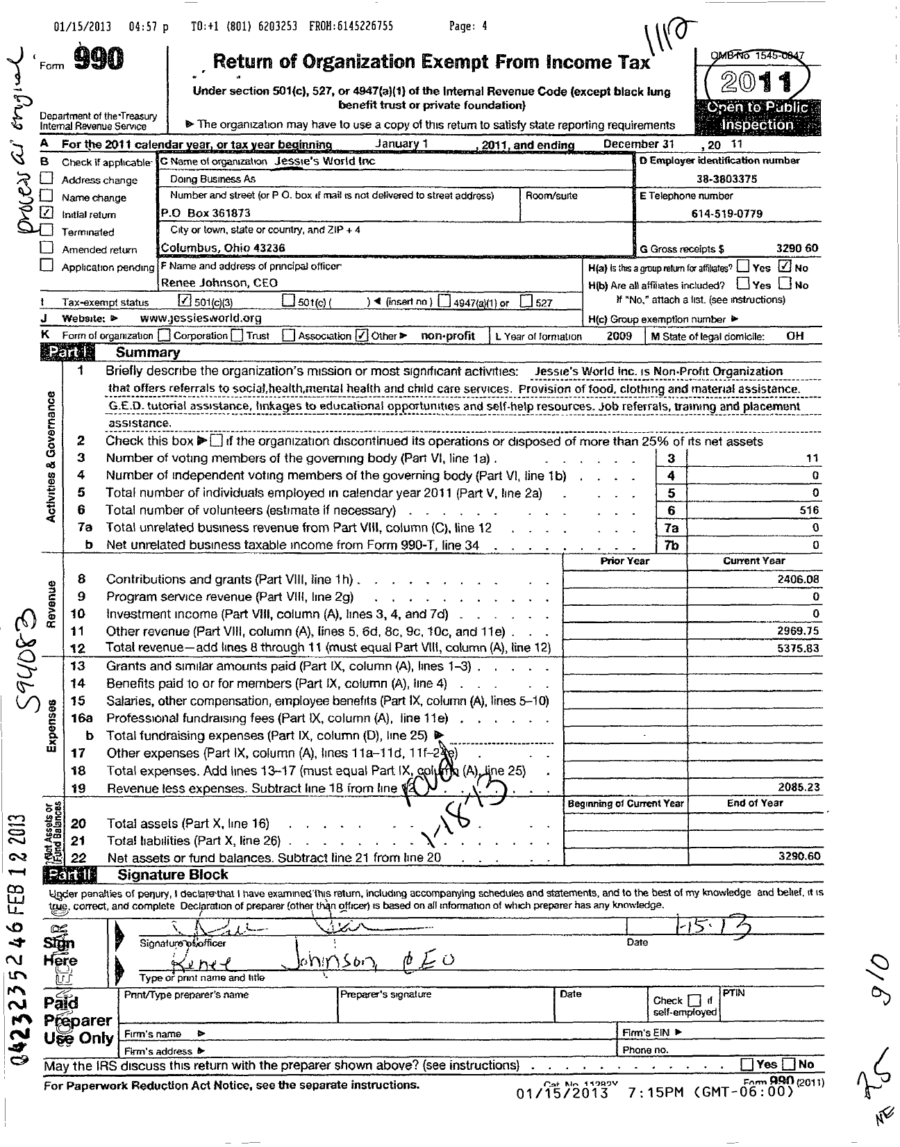 Image of first page of 2011 Form 990 for Jessies World