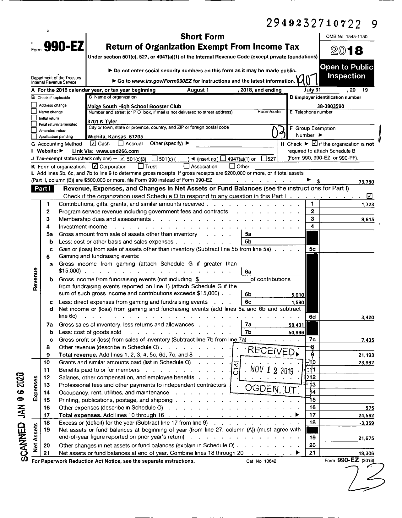 Image of first page of 2018 Form 990EZ for Maize South High School Booster Club