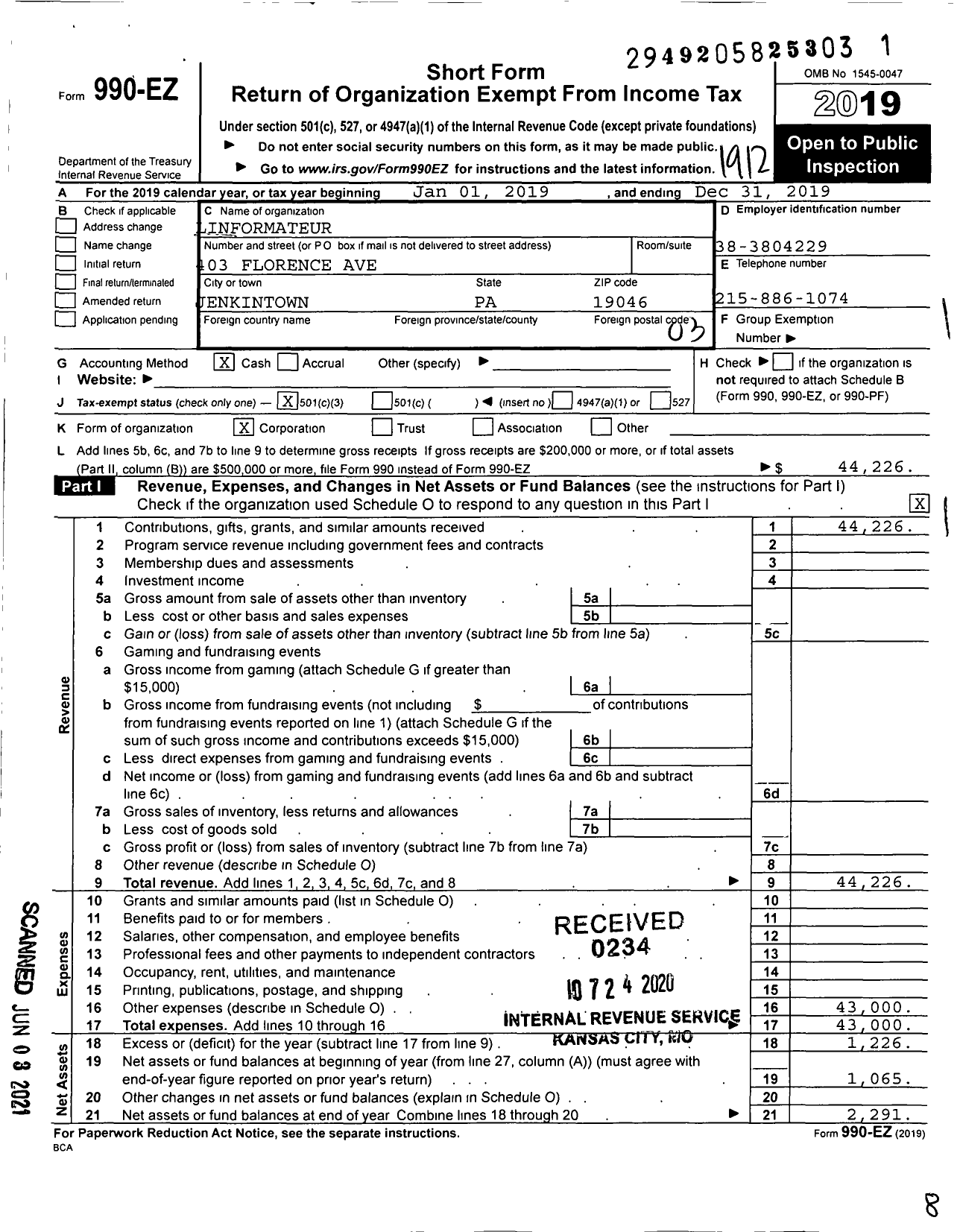 Image of first page of 2019 Form 990EZ for Linformateur